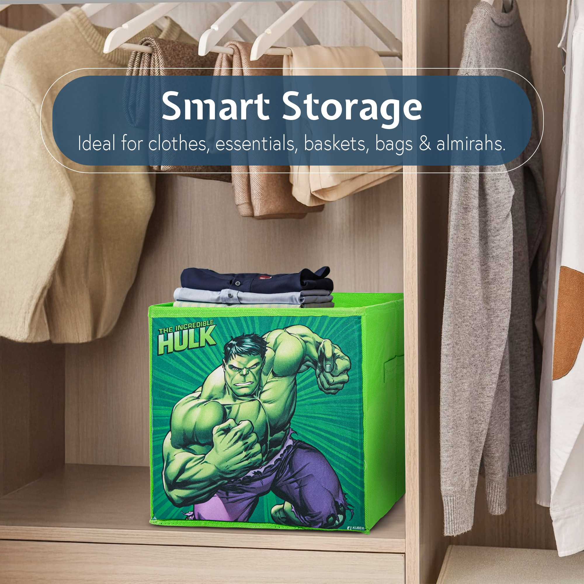 Kuber Industries Marvel Hulk Large Square Storage Box for Clothes  Foldable Wardrobe Organizer For Toys  Baby Clothes  DrawerCloset Storage Organizer with Handle  Green