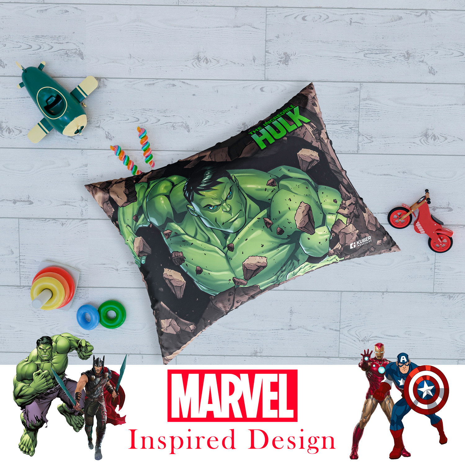 Kuber Industries Marvel Hulk Print Baby Pillow|Polyester Super soft Kids Pillow for Sleeping & Travel,12 x 18 Inch,(Green)