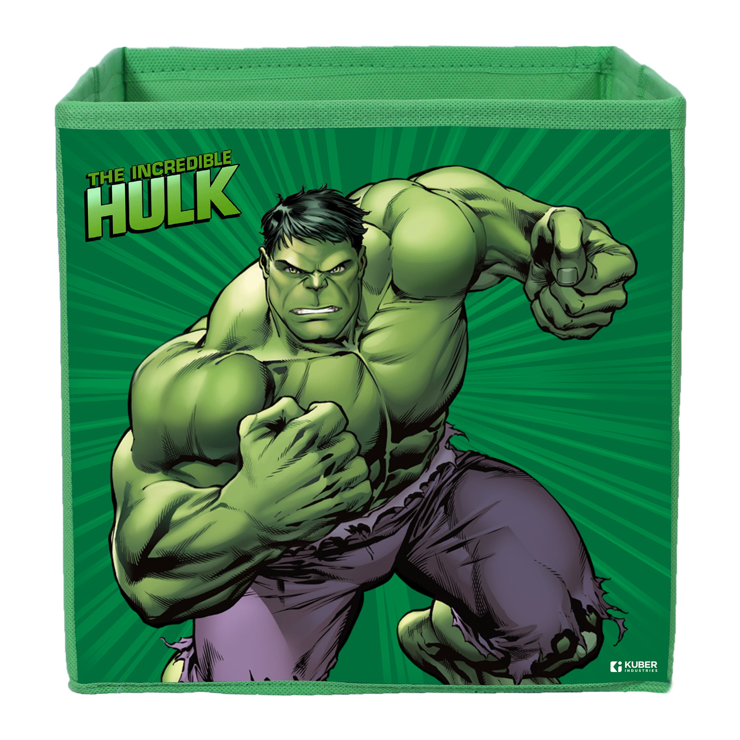 Kuber Industries Marvel Hulk Print Durable & Collapsible Square Storage Box|Clothes Organizer With Handle,.(Green)