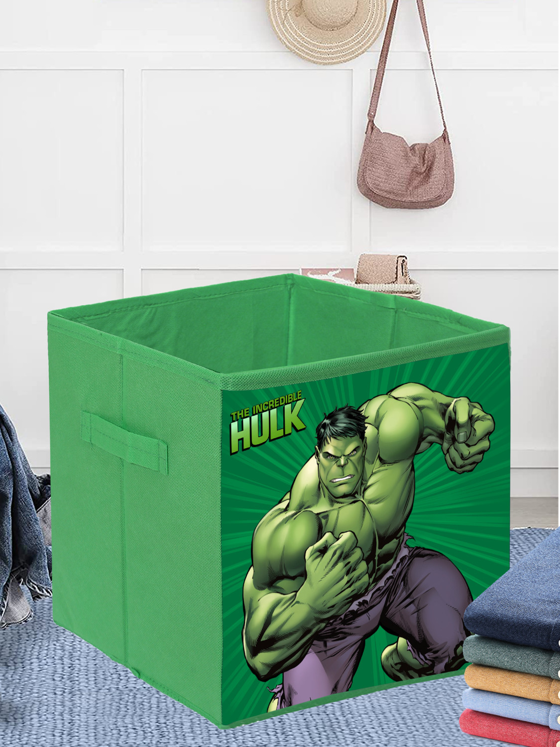 Kuber Industries Marvel Hulk Print Durable & Collapsible Square Storage Box|Clothes Organizer With Handle,.(Green)