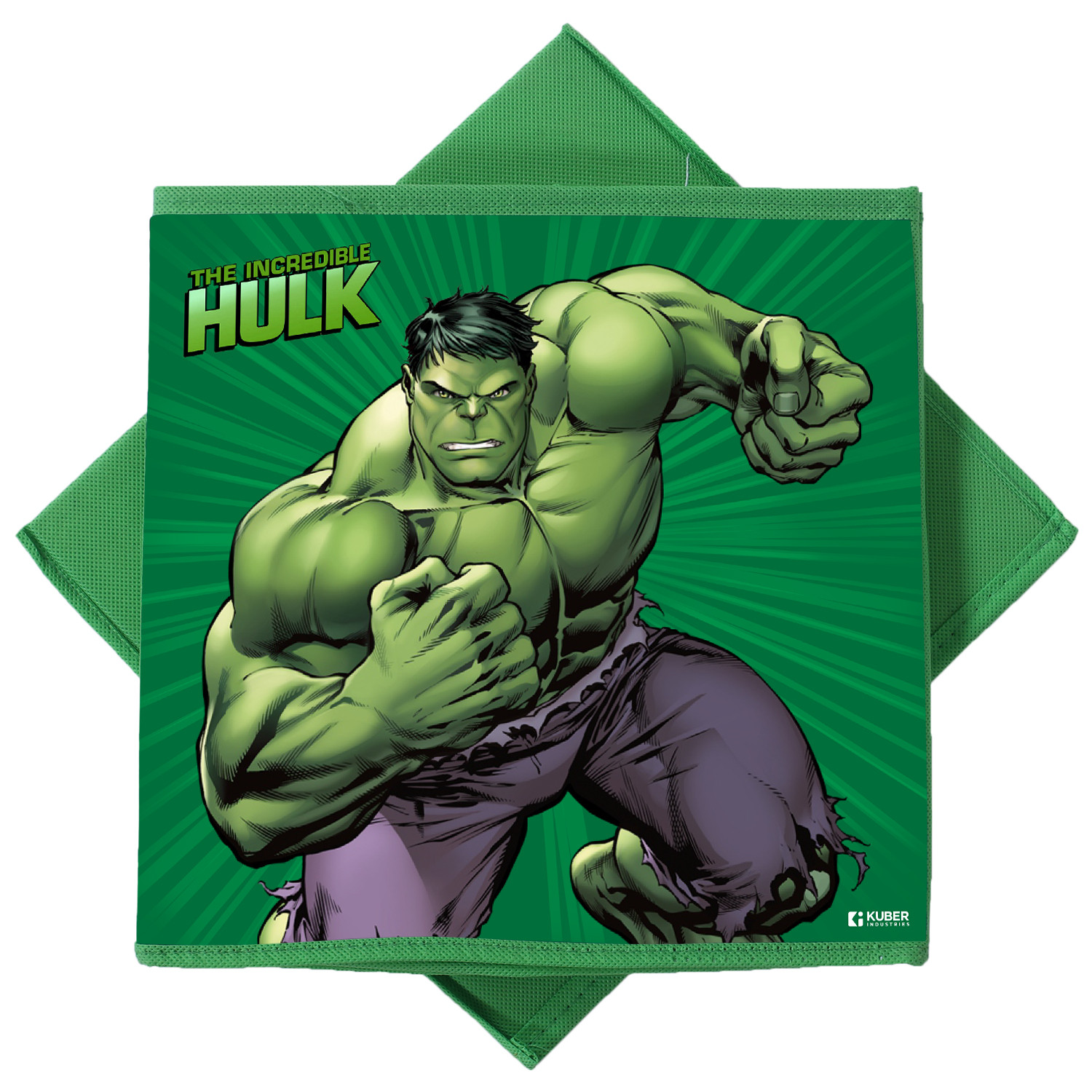 Kuber Industries Marvel Hulk Print Durable & Collapsible Square Storage Box|Clothes Organizer With Handle,.(Green)