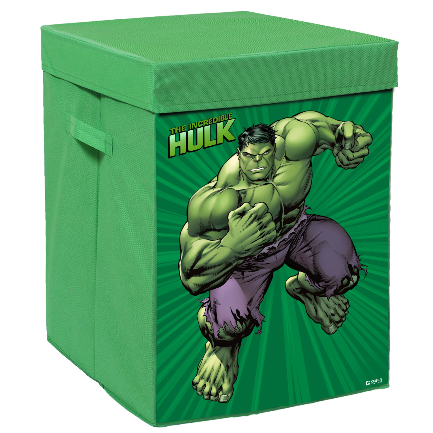 Kuber Industries Marvel Hulk Print Foldable Laundry Basket|Clothes Storage Basket With Handle & Lid,60 Ltr.(Green)