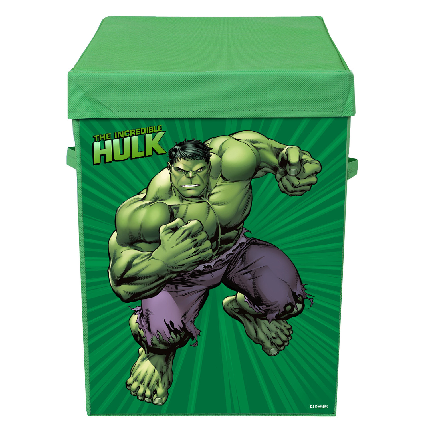 Kuber Industries Marvel Hulk Print Foldable Laundry Basket|Clothes Storage Basket With Handle & Lid,60 Ltr.(Green)