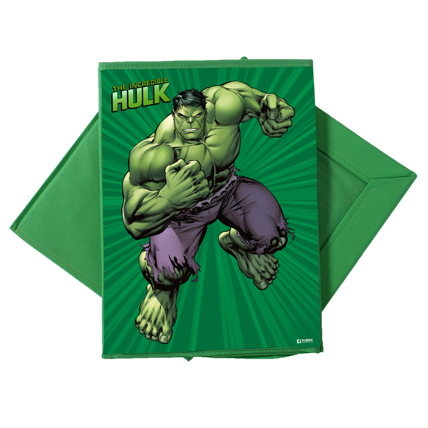 Kuber Industries Marvel Hulk Print Foldable Laundry Basket|Clothes Storage Basket With Handle & Lid,60 Ltr.(Green)