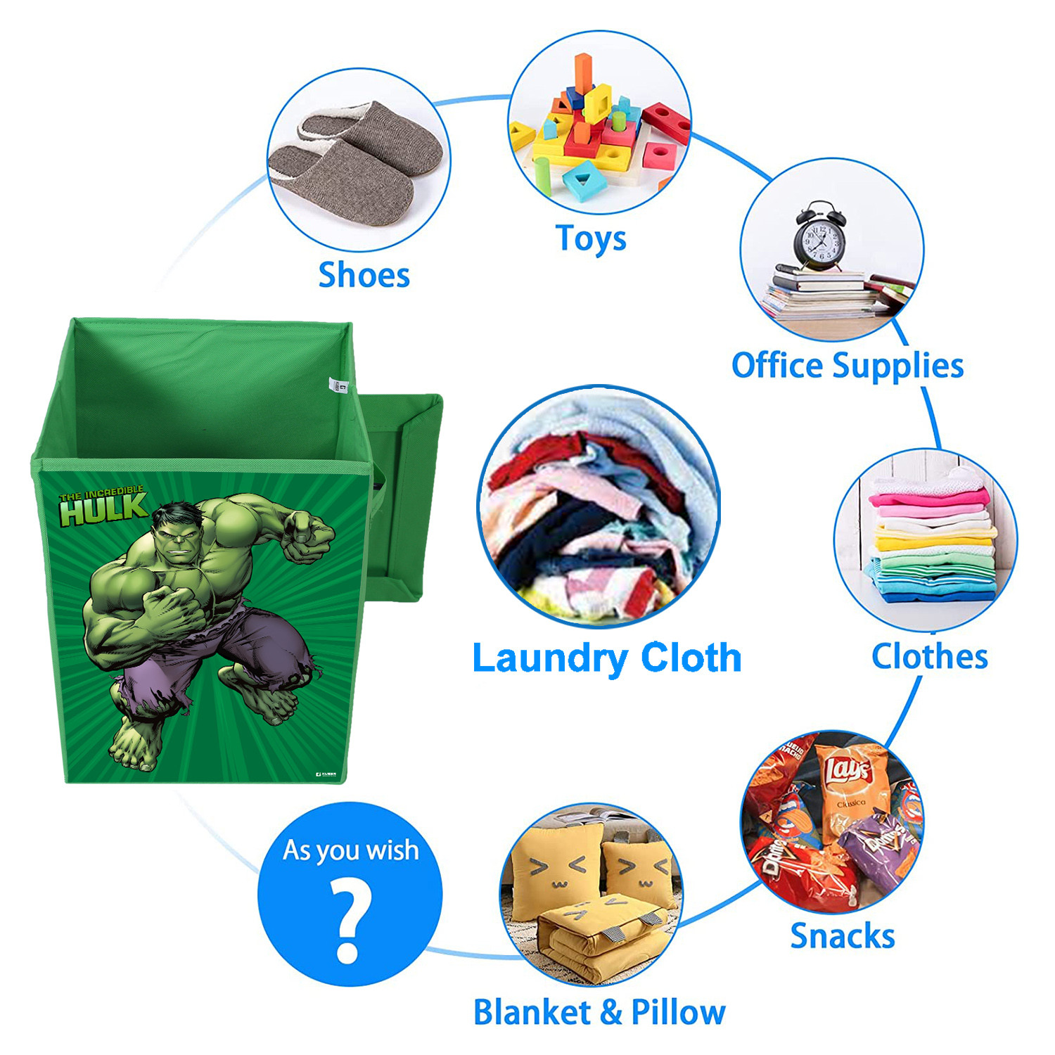 Kuber Industries Marvel Hulk Print Foldable Laundry Basket|Clothes Storage Basket With Handle & Lid,60 Ltr.(Green)