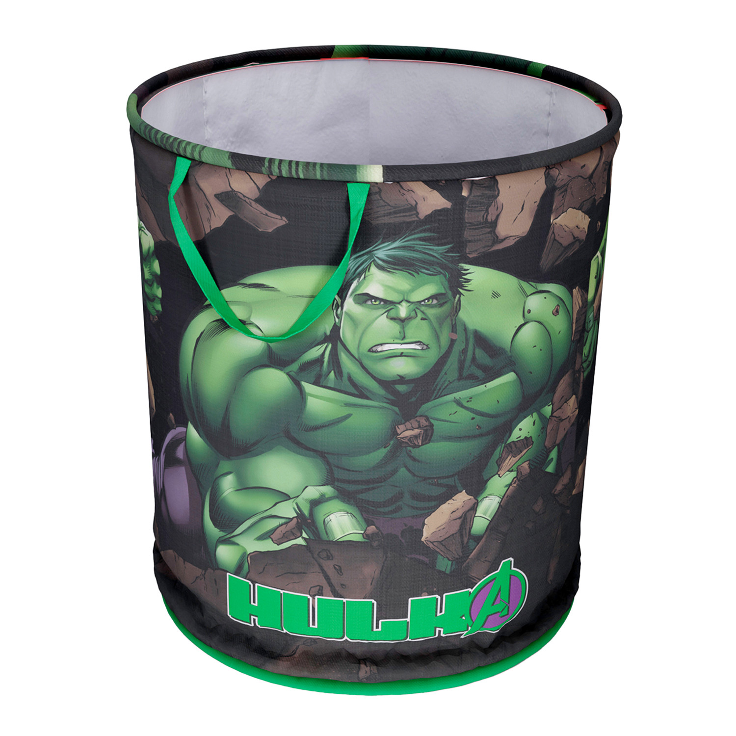 Kuber Industries Marvel Hulk Print Round Laundry Basket|Polyester Clothes Hamper|Waterproof & Foldable Round Laundry Bag with Handle,45 Ltr.(Green)