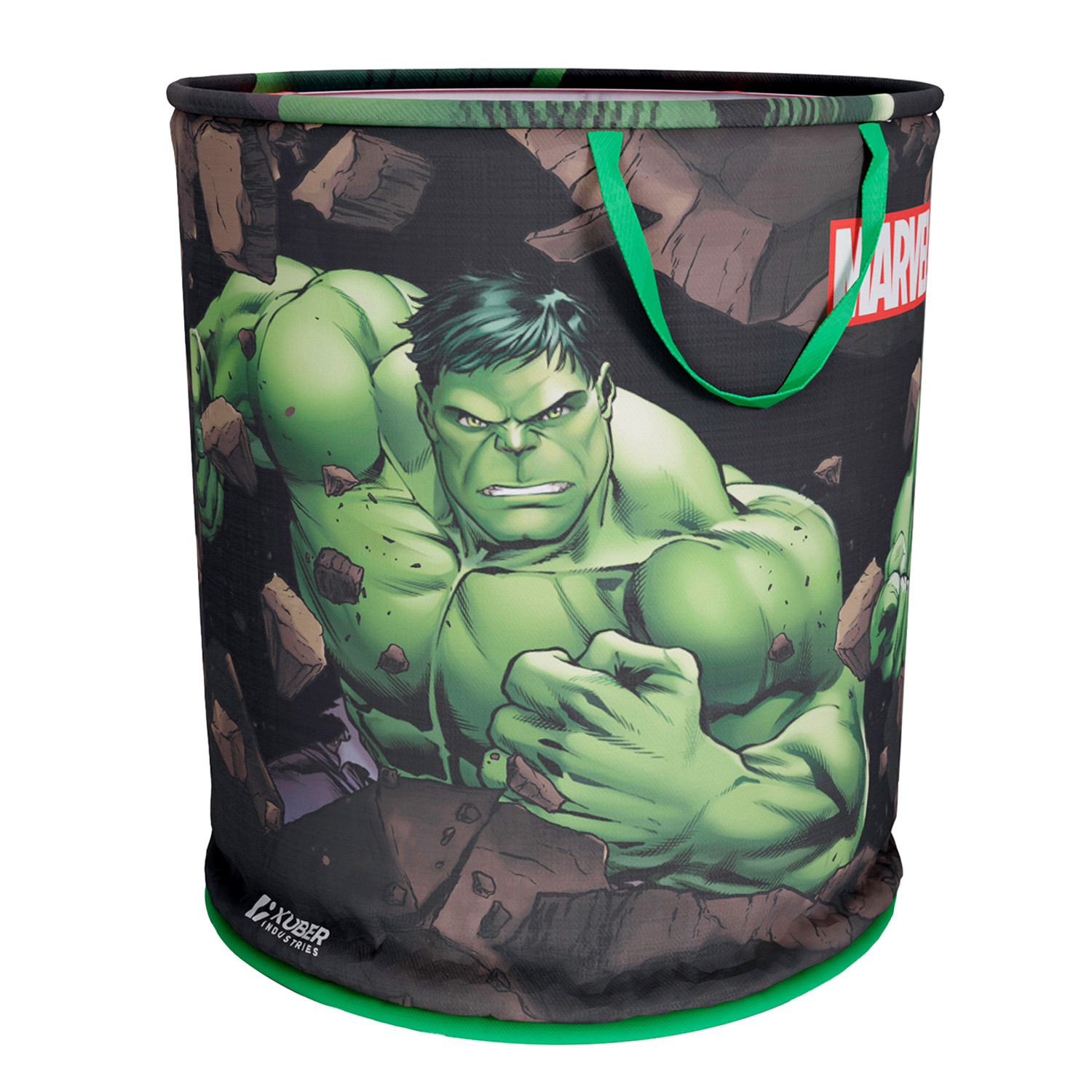 Kuber Industries Marvel Hulk Print Round Laundry Basket|Polyester Clothes Hamper|Waterproof & Foldable Round Laundry Bag with Handle,45 Ltr.(Green)
