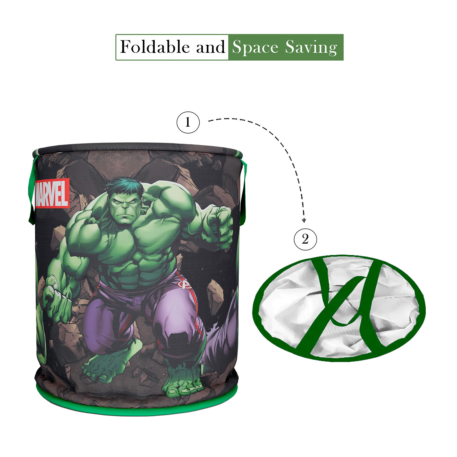 Kuber Industries Marvel Hulk Print Round Laundry Basket|Polyester Clothes Hamper|Waterproof & Foldable Round Laundry Bag with Handle,45 Ltr.(Green)