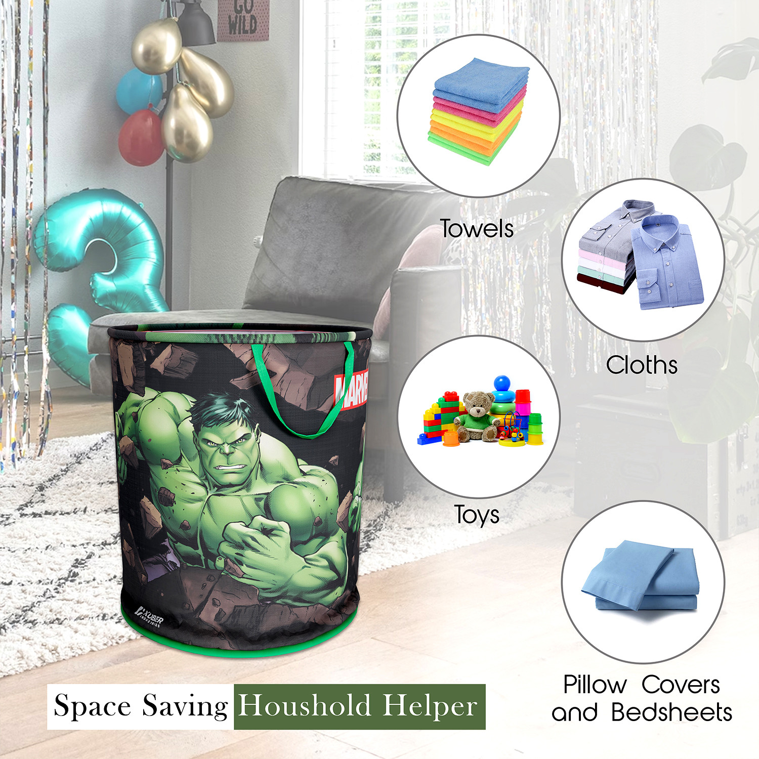 Kuber Industries Marvel Hulk Print Round Laundry Basket|Polyester Clothes Hamper|Waterproof & Foldable Round Laundry Bag with Handle,45 Ltr.(Green)