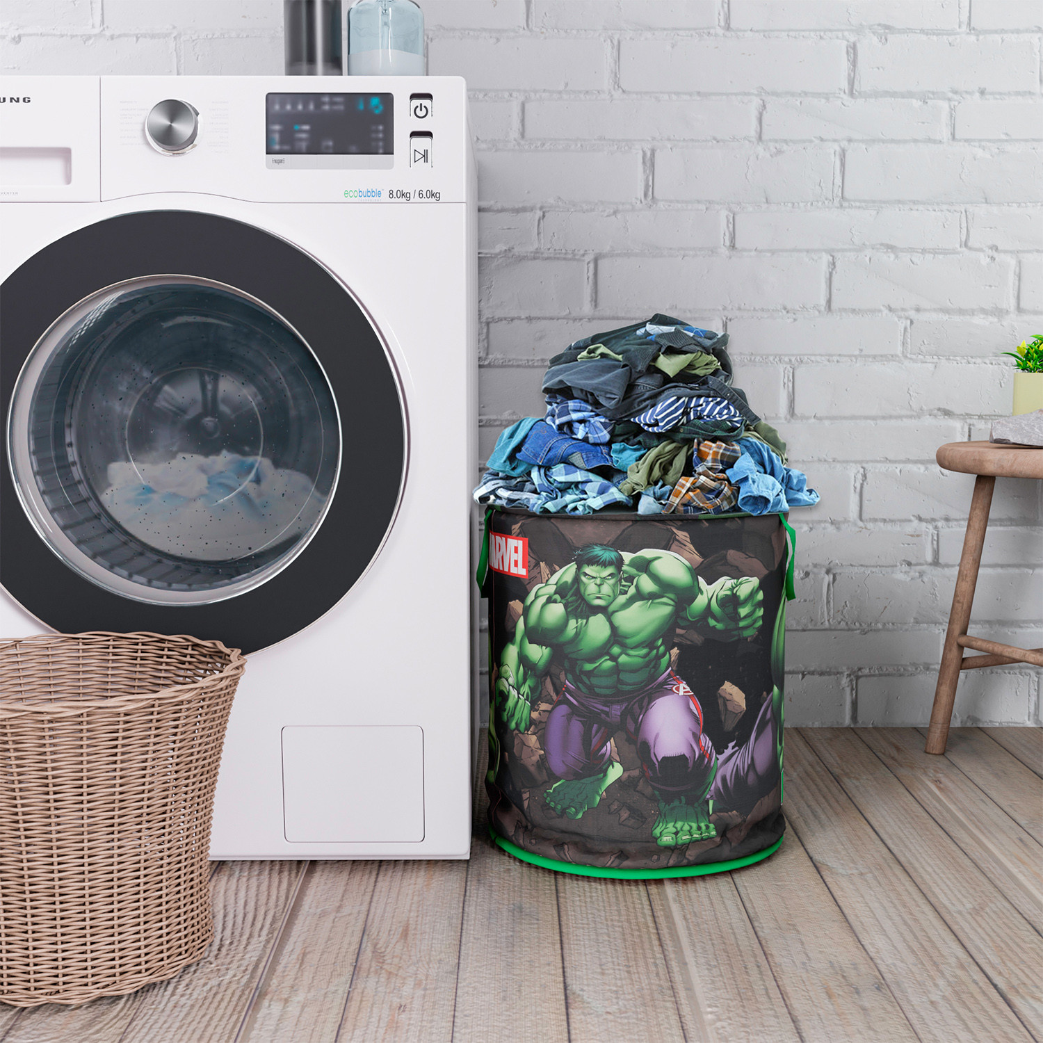 Kuber Industries Marvel Hulk Print Round Laundry Basket|Polyester Clothes Hamper|Waterproof & Foldable Round Laundry Bag with Handle,45 Ltr.(Green)