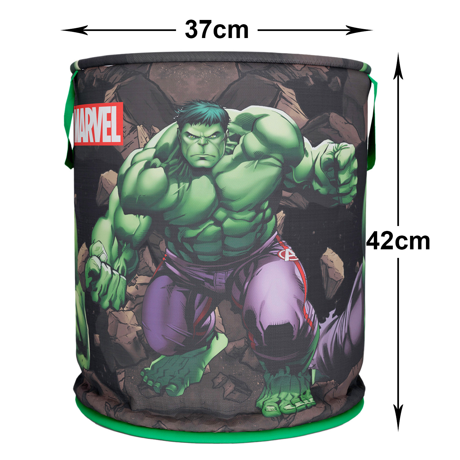 Kuber Industries Marvel Hulk Print Round Laundry Basket|Polyester Clothes Hamper|Waterproof & Foldable Round Laundry Bag with Handle,45 Ltr.(Green)