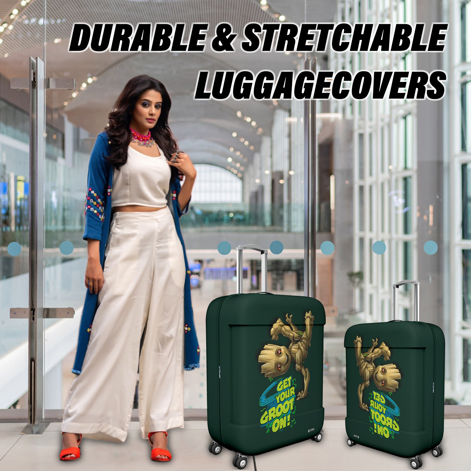 Kuber Industries Marvel I Am Groot Luggage Cover  Polyester Travel Suitcase Cover  Washable  Stretchable Suitcase Protector  18-22 Inch    Green