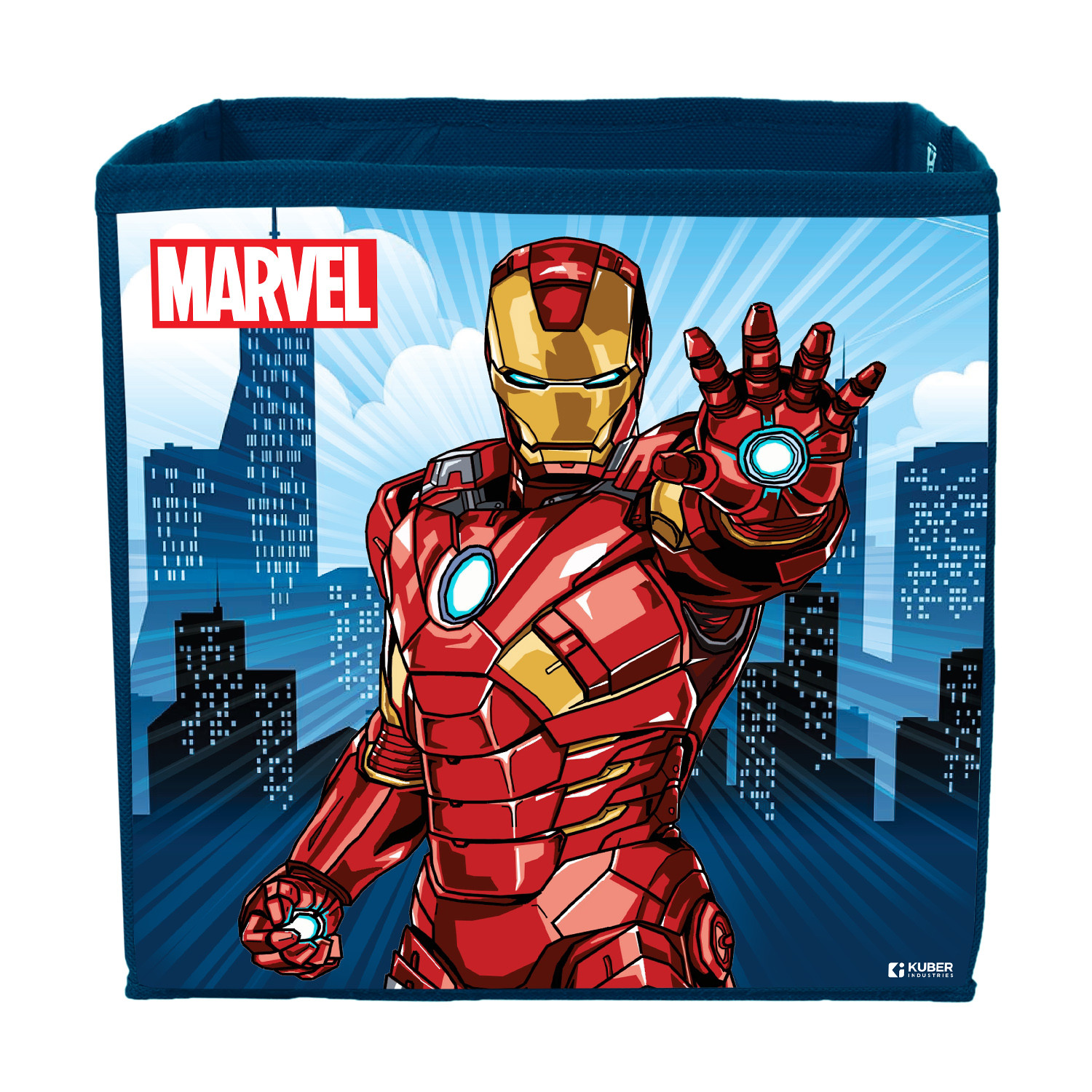 Kuber Industries Marvel Ironman Print Durable & Collapsible Square Storage Box|Clothes Organizer With Handle,.(Navy Blue)