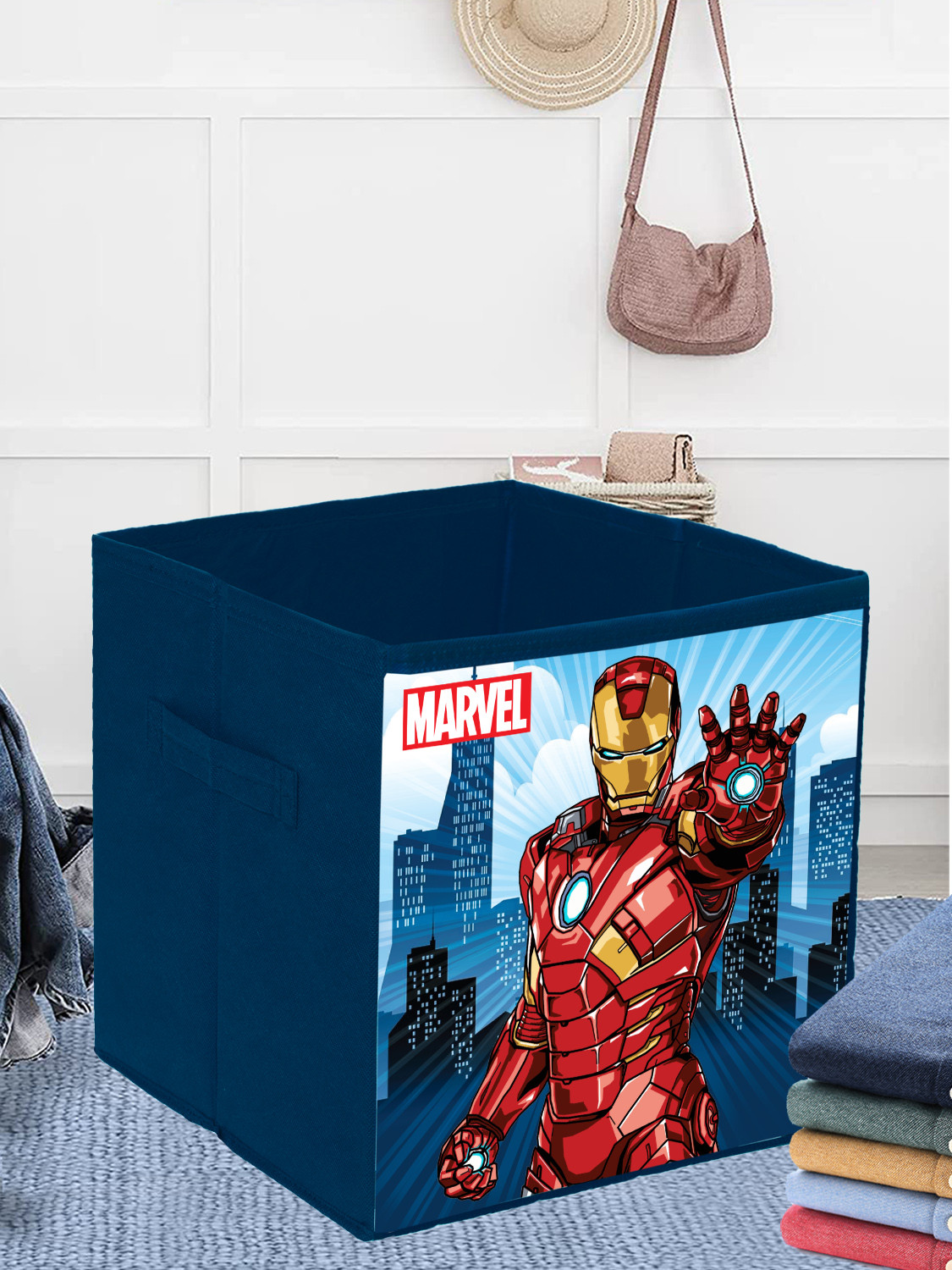 Kuber Industries Marvel Ironman Print Durable & Collapsible Square Storage Box|Clothes Organizer With Handle,.(Navy Blue)
