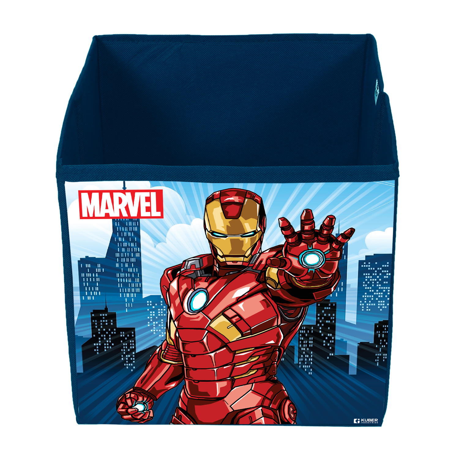 Kuber Industries Marvel Ironman Print Durable & Collapsible Square Storage Box|Clothes Organizer With Handle,.(Navy Blue)