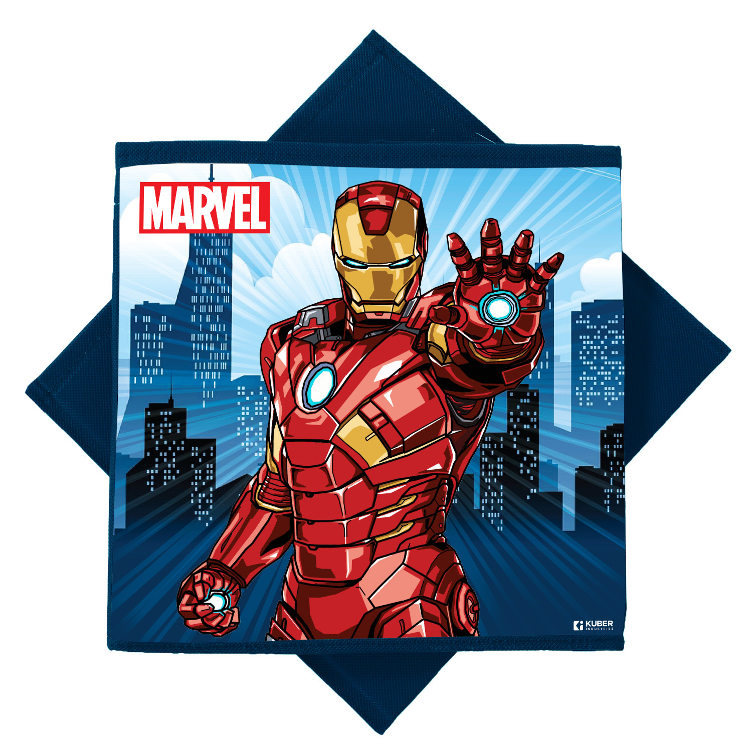 Kuber Industries Marvel Ironman Print Durable & Collapsible Square Storage Box|Clothes Organizer With Handle,.(Navy Blue)