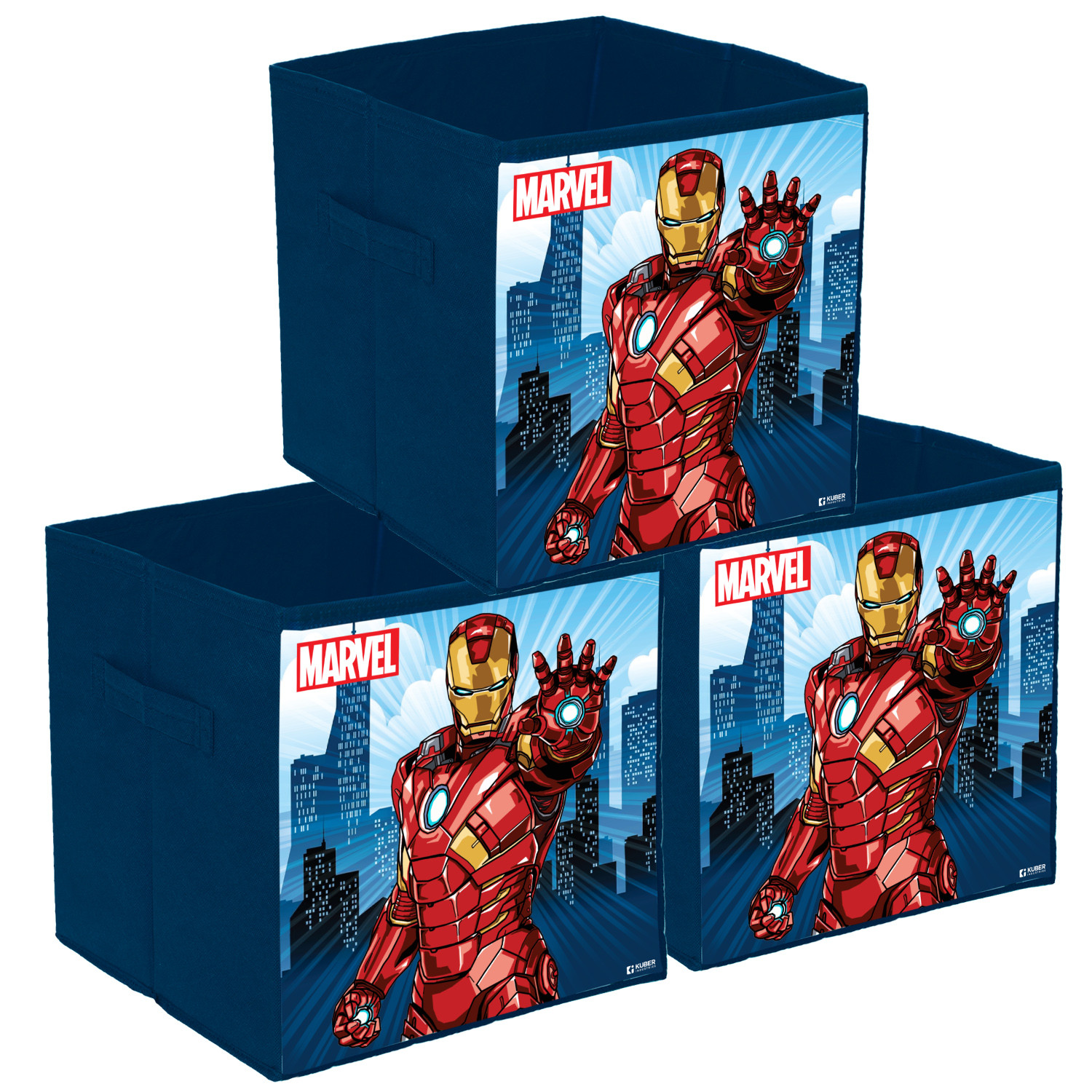 Kuber Industries Marvel Ironman Print Durable & Collapsible Square Storage Box|Clothes Organizer With Handle,.(Navy Blue)
