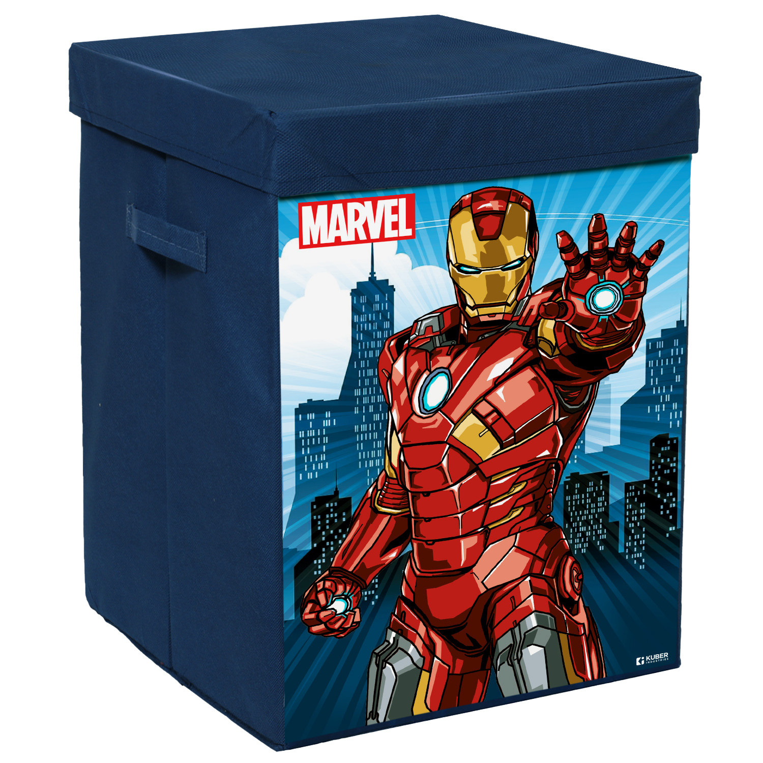 Kuber Industries Marvel Ironman Print Foldable Laundry Basket|Clothes Storage Basket With Handle & Lid,60 Ltr.(Navy Blue)