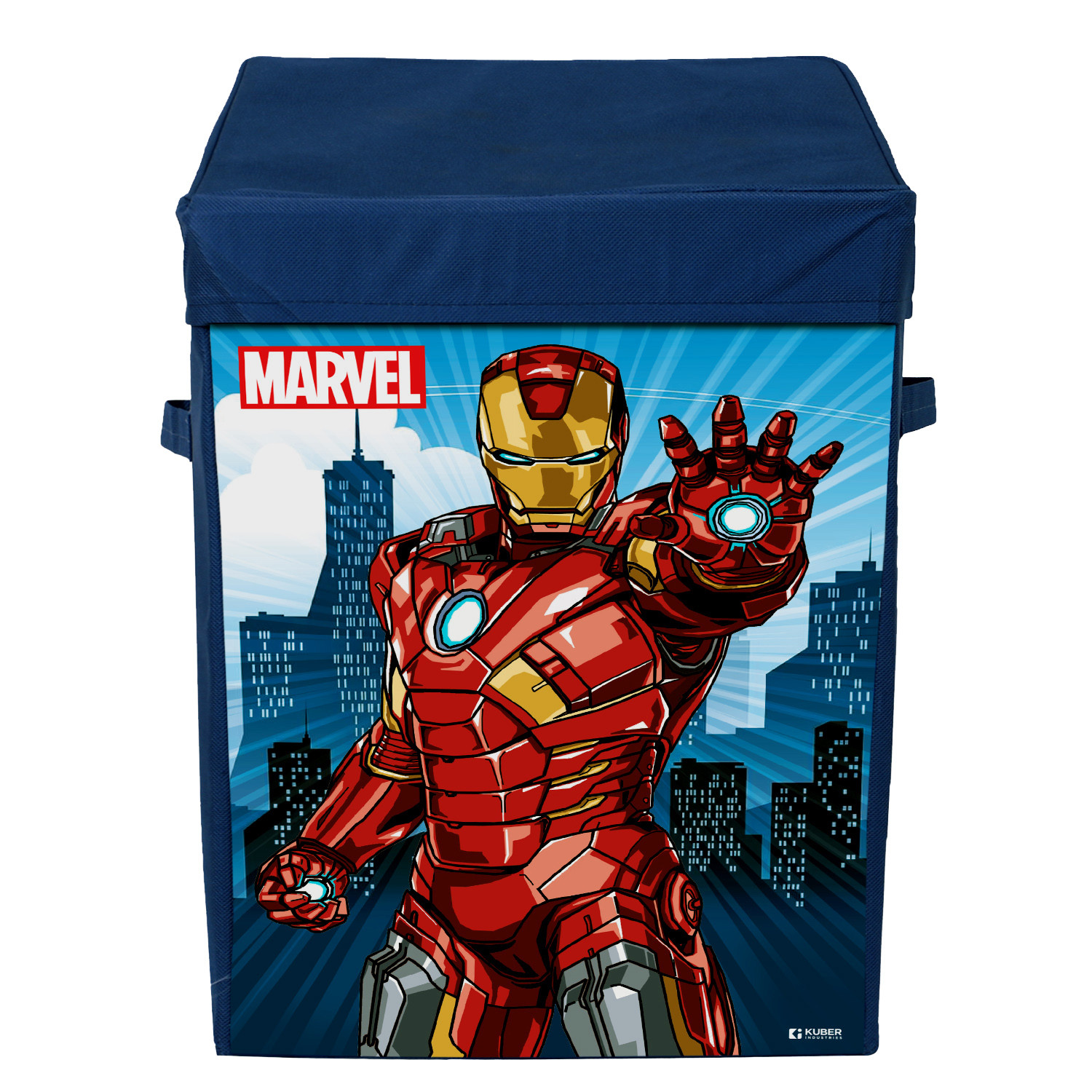 Kuber Industries Marvel Ironman Print Foldable Laundry Basket|Clothes Storage Basket With Handle & Lid,60 Ltr.(Navy Blue)