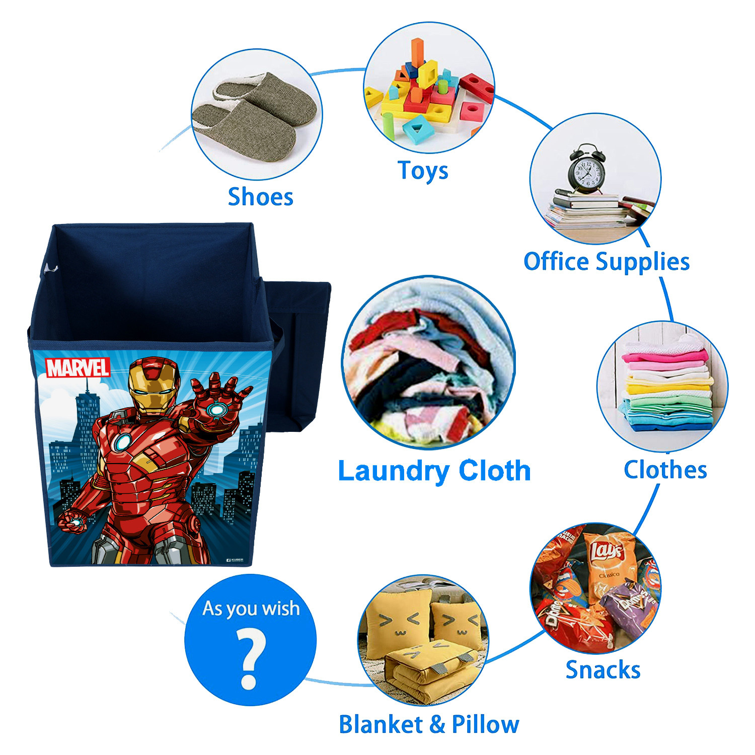Kuber Industries Marvel Ironman Print Foldable Laundry Basket|Clothes Storage Basket With Handle & Lid,60 Ltr.(Navy Blue)