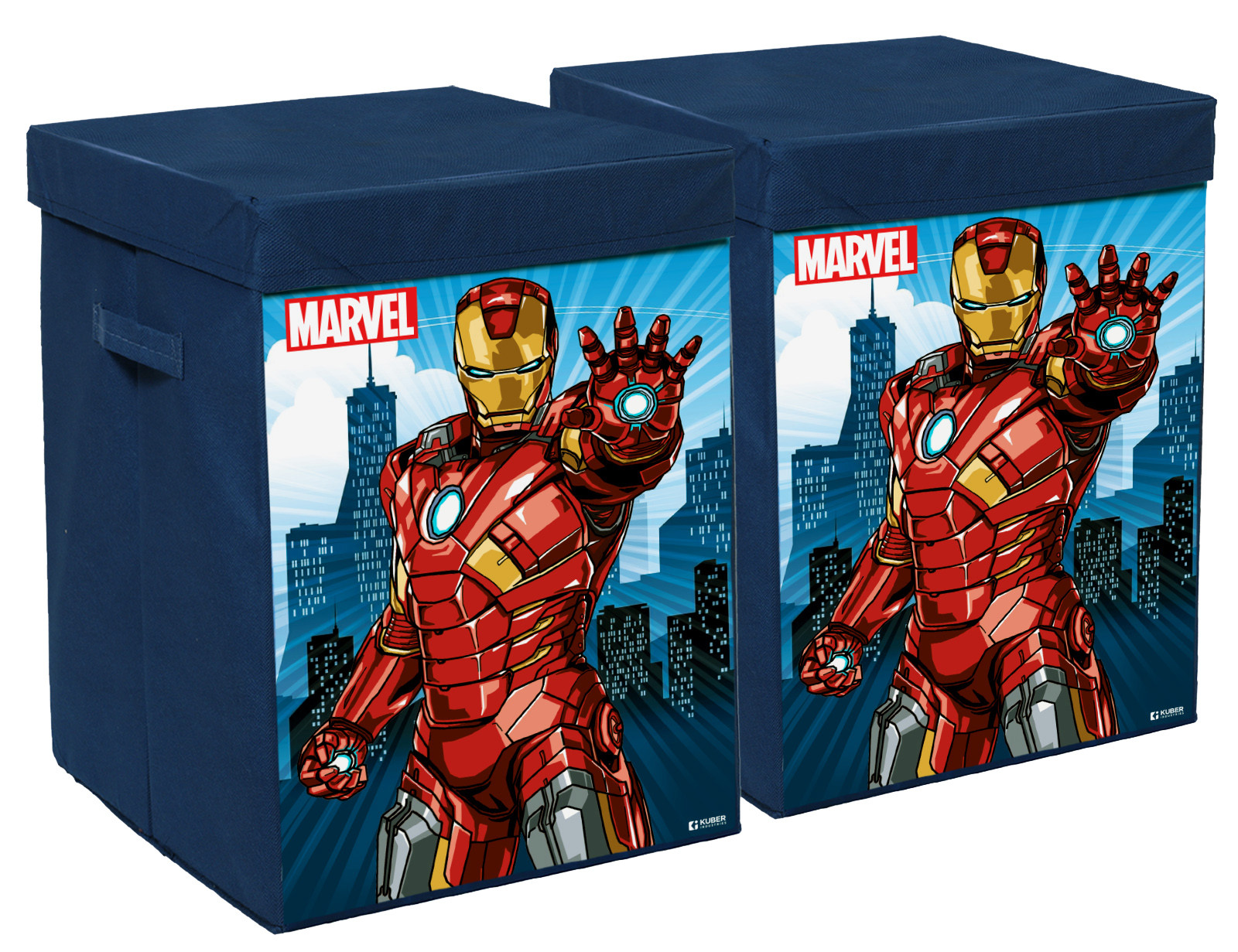 Kuber Industries Marvel Ironman Print Foldable Laundry Basket|Clothes Storage Basket With Handle & Lid,60 Ltr.(Navy Blue)