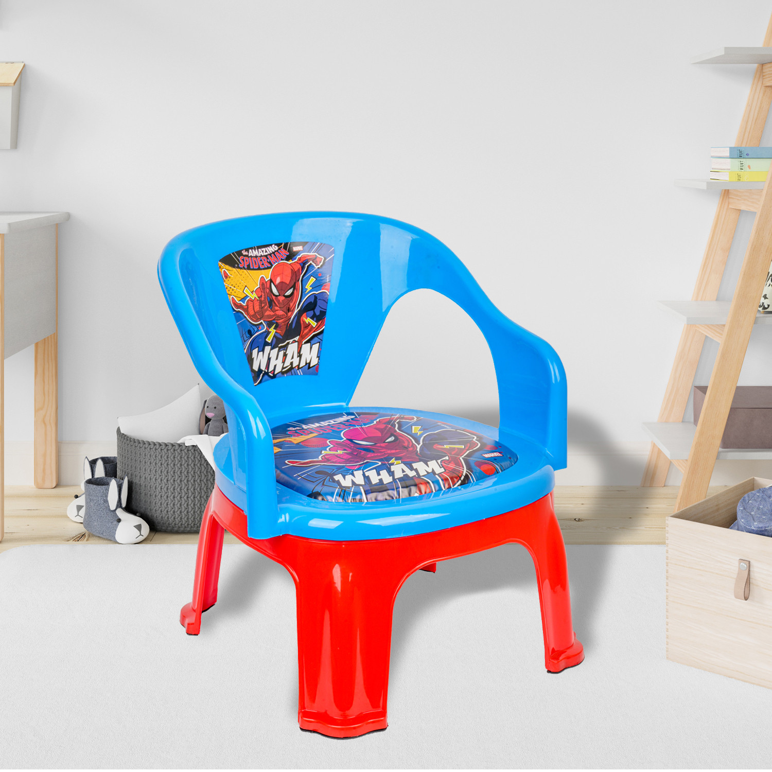 Kuber Industries Marvel Spider-Man Kids Chair  Plastic Foldable Kids Chair  Chair for Kidsroom  School Study Stool  Baby Stool  Indoor or Outdoor Stool for Kids  Capacity 30 Kg  Blue  Red