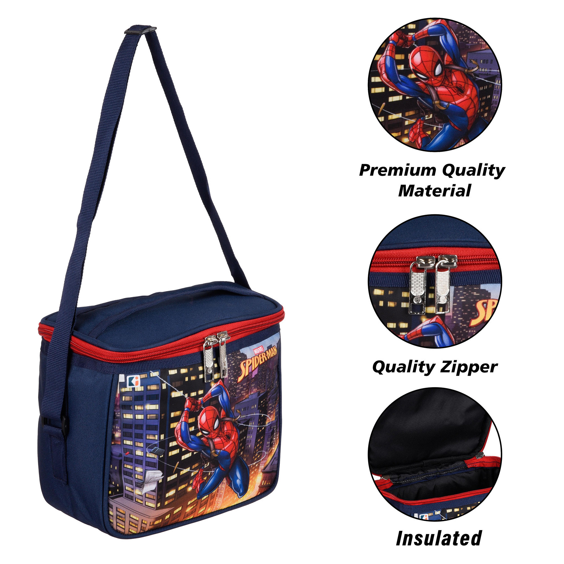 Kuber Industries Marvel Spider-Man Lunch Bag  Rexine Waterproof Tiffin Cover  School Lunch Bag  Lunch Bag for Office  Kids Lunch Bag with Handle  Camping Lunch Bag  Navy Blue
