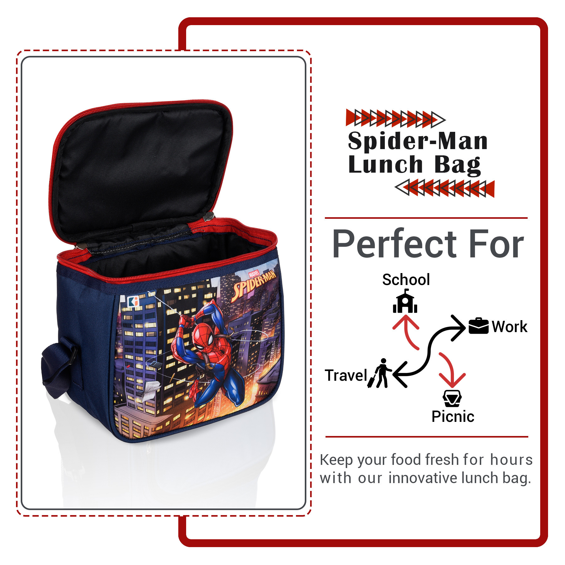 Kuber Industries Marvel Spider-Man Lunch Bag  Rexine Waterproof Tiffin Cover  School Lunch Bag  Lunch Bag for Office  Kids Lunch Bag with Handle  Camping Lunch Bag  Navy Blue