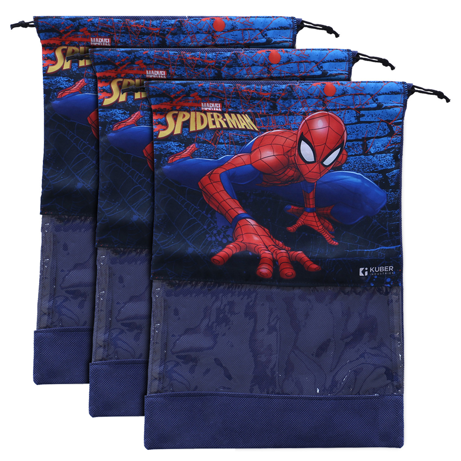 Kuber Industries Marvel Spider Man Print Shoe Cover| Non-Woven Dust Proof Shoe Bag|Drawstring Sneakers Organizer & Transparent Front,(Navy Blue)