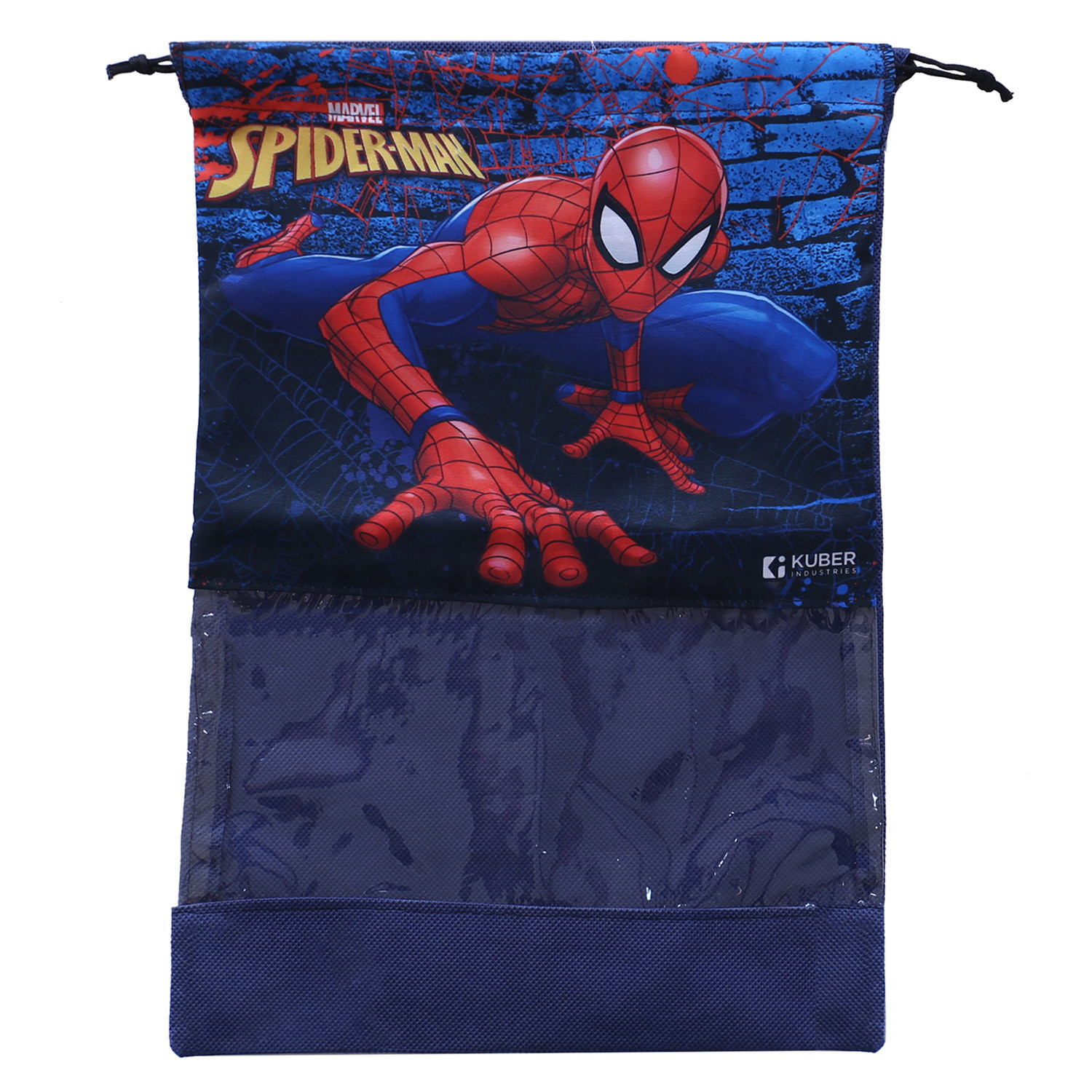 Kuber Industries Marvel Spider Man Print Shoe Cover| Non-Woven Dust Proof Shoe Bag|Drawstring Sneakers Organizer & Transparent Front,(Navy Blue)