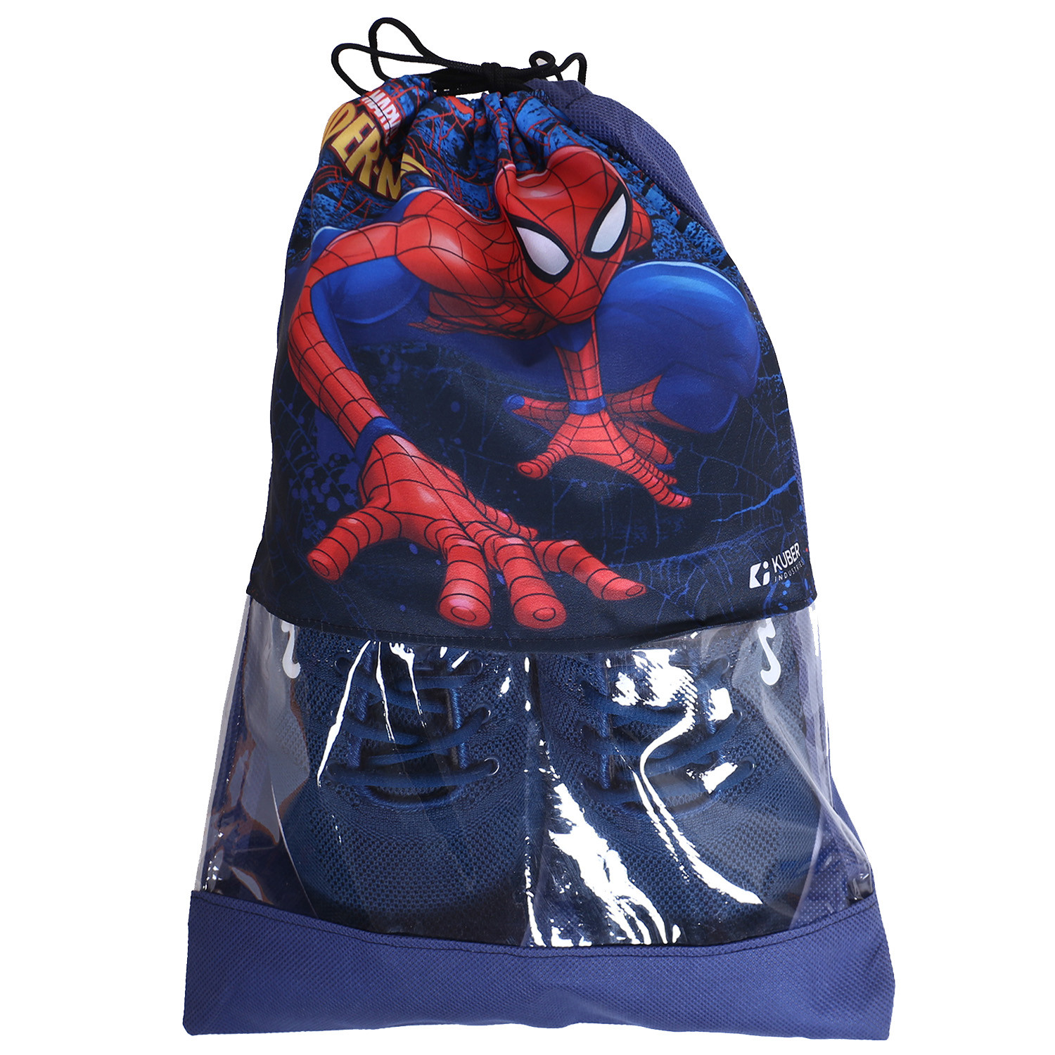 Kuber Industries Marvel Spider Man Print Shoe Cover| Non-Woven Dust Proof Shoe Bag|Drawstring Sneakers Organizer & Transparent Front,(Navy Blue)