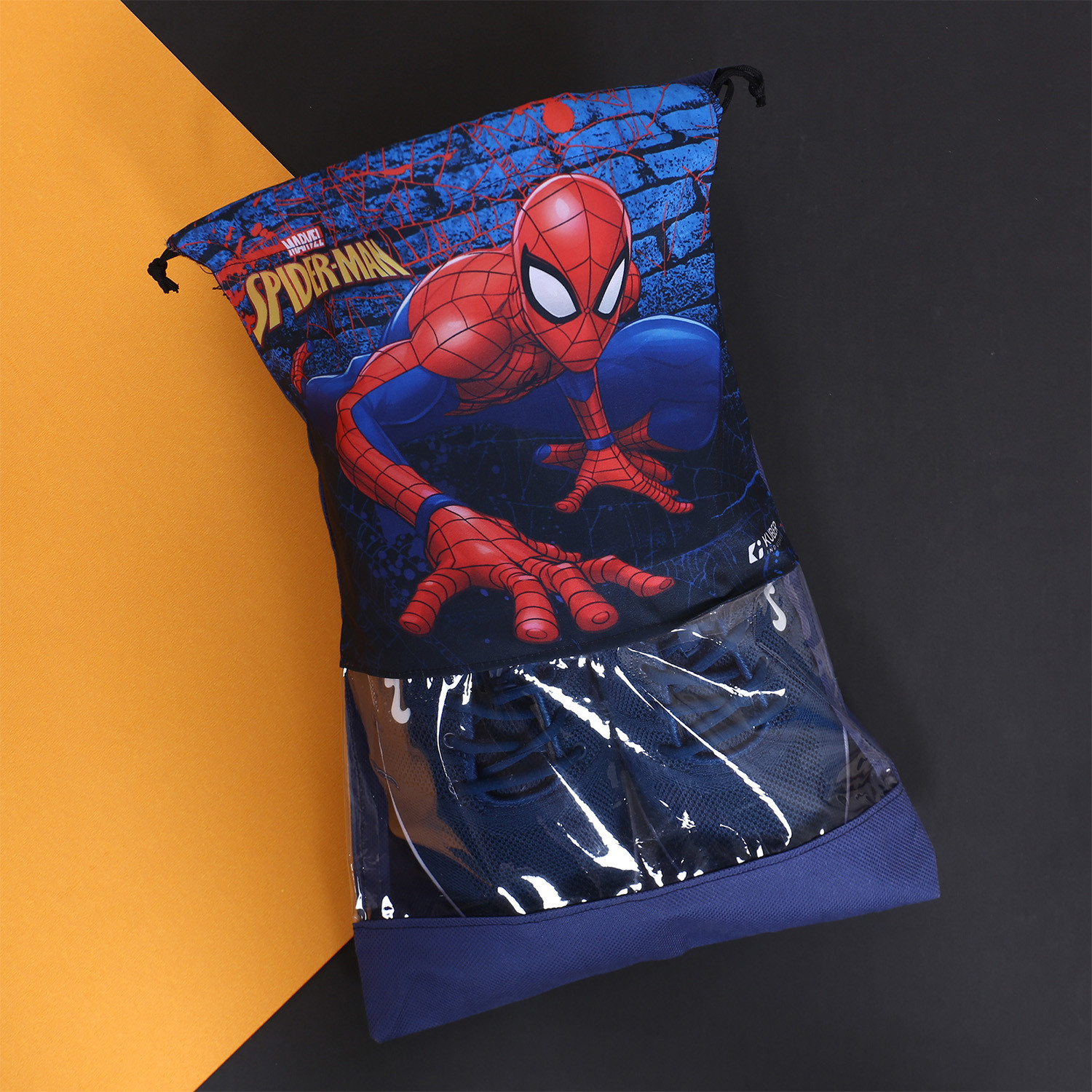 Kuber Industries Marvel Spider Man Print Shoe Cover| Non-Woven Dust Proof Shoe Bag|Drawstring Sneakers Organizer & Transparent Front,(Navy Blue)