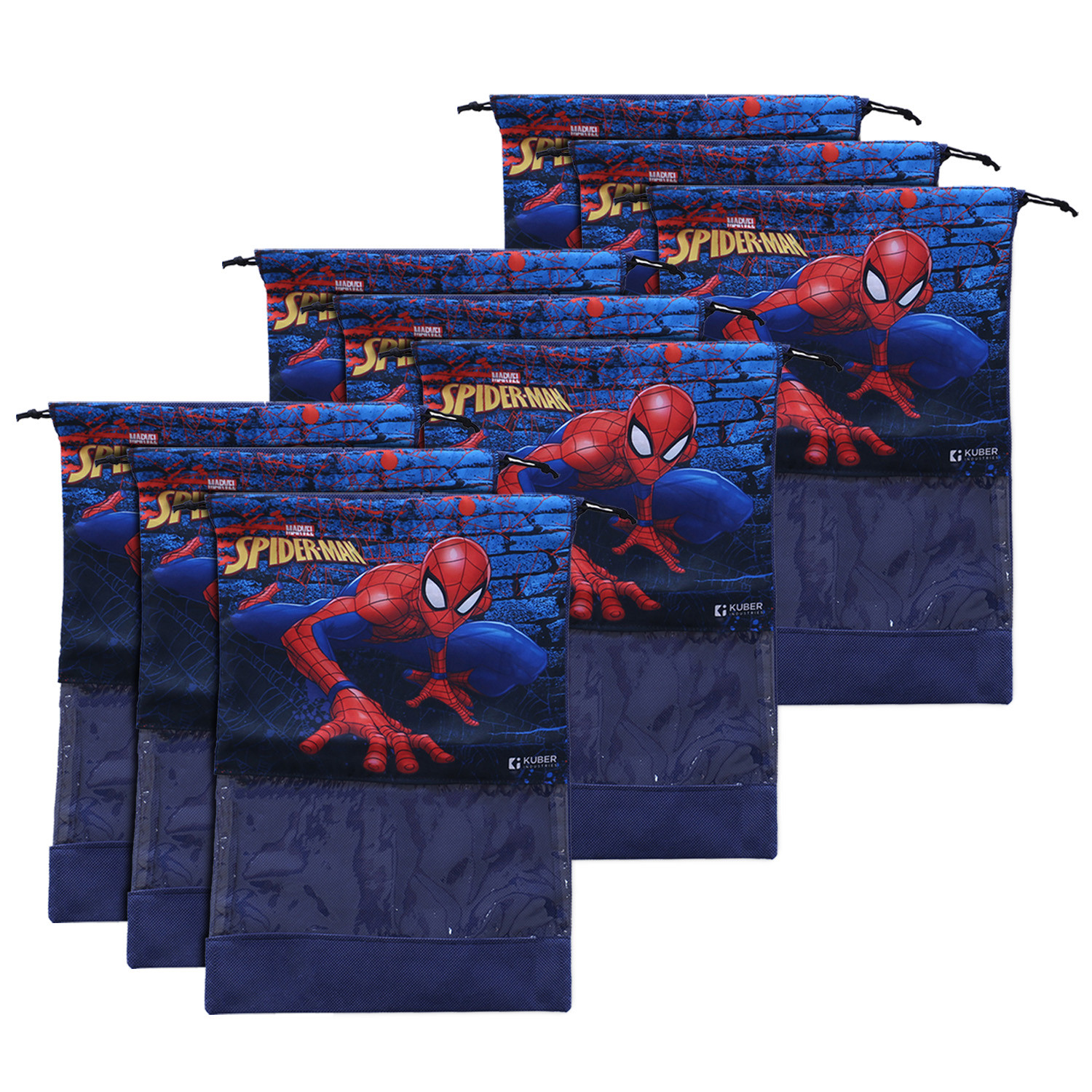 Kuber Industries Marvel Spider Man Print Shoe Cover| Non-Woven Dust Proof Shoe Bag|Drawstring Sneakers Organizer & Transparent Front,(Navy Blue)