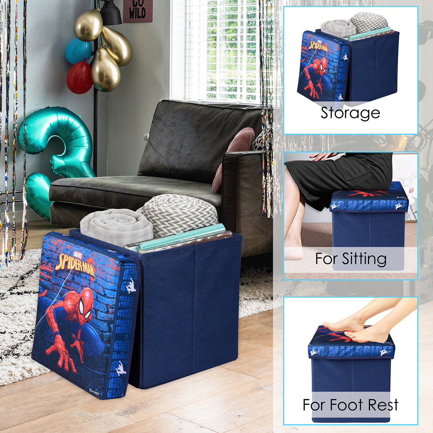 Kuber Industries Marvel Spider-Man Storage Sitting Stool  Foldable Storage Box  Storage Sitting Stool for Kids Room  Stool For Living Room  Storage Stool Box For Toys  Blue