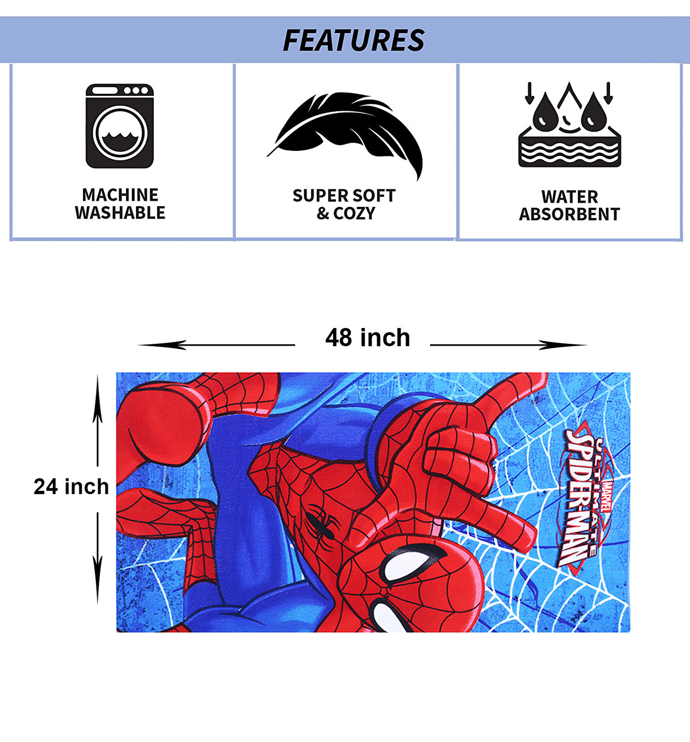 Kuber Industries Marvel Spiderman Kids Bath Towel|Soft Cotton Towel For Kids|Sides Stitched Baby Towel|400 GSM Toddler Bath Towel|24x48 Inch (Red)