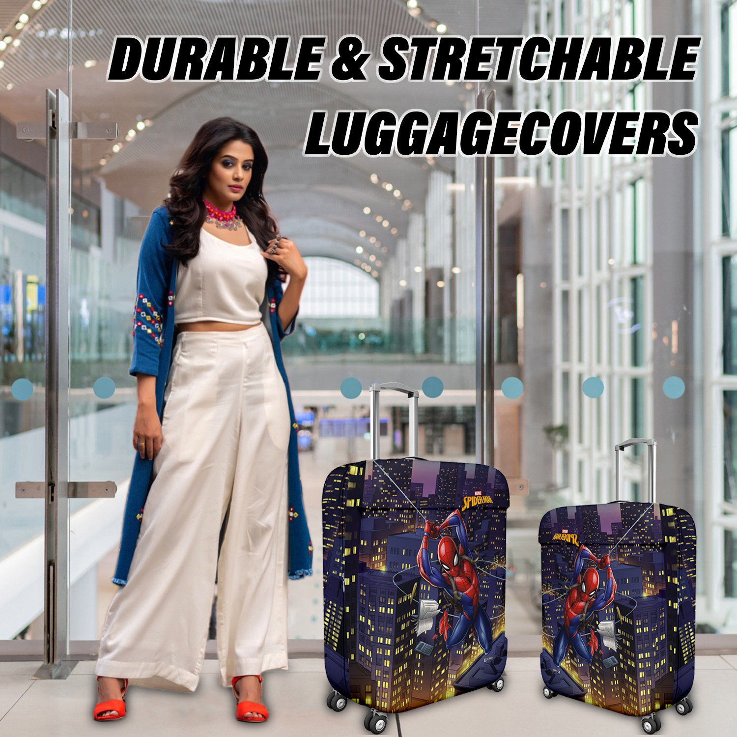 Kuber Industries Marvel Spiderman Luggage Cover  Polyester Travel Suitcase Cover  Washable  Stretchable Suitcase Protector  18-22 Inch    Multicolor