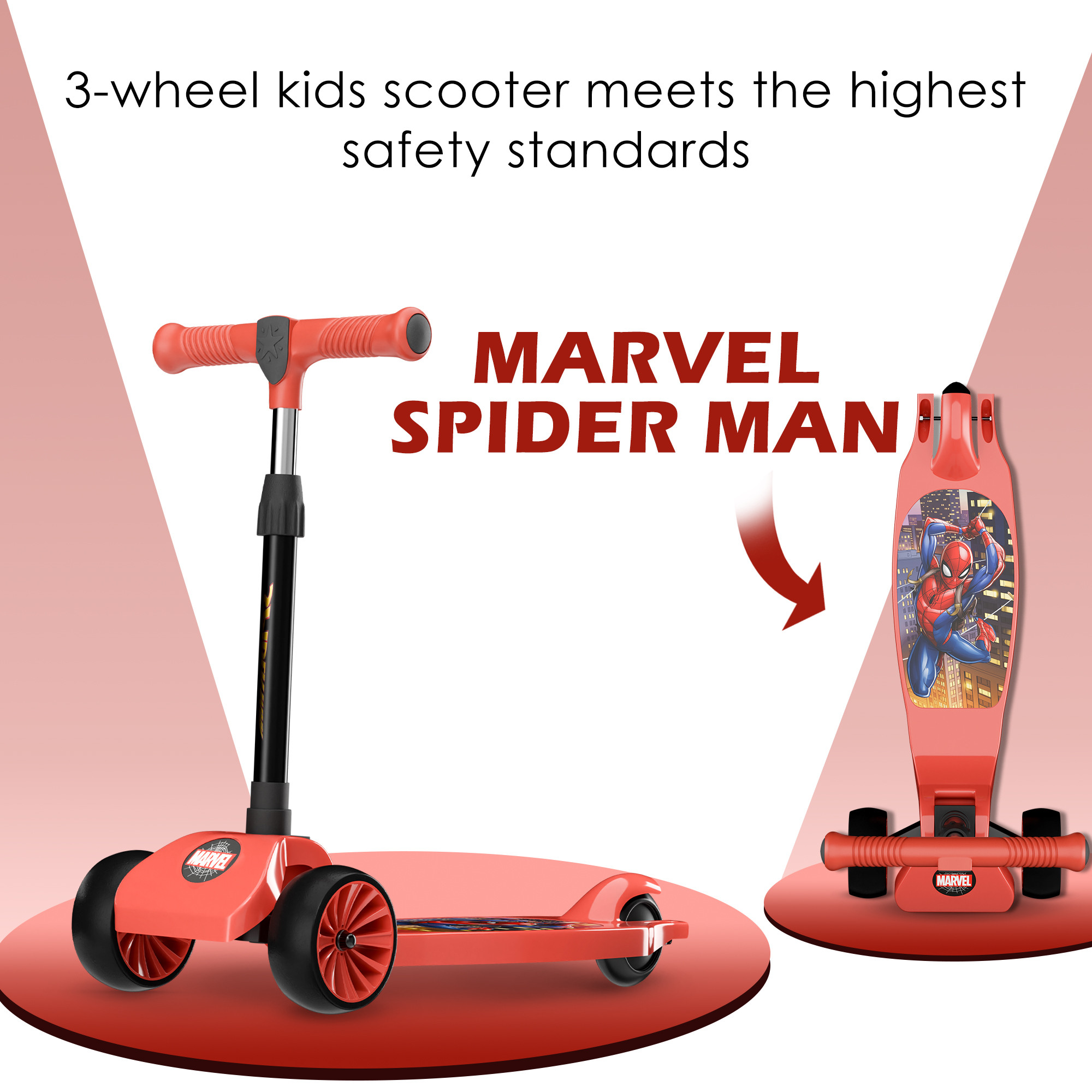Kuber Industries Marvel Spiderman Plastic Foldable 3-Wheel Kids Scooter for 3 Years Boys and Girls  Weight Capacity Upto 45 Kgs  4-Level Adjustable Height Kick and Skating Scooter  Red