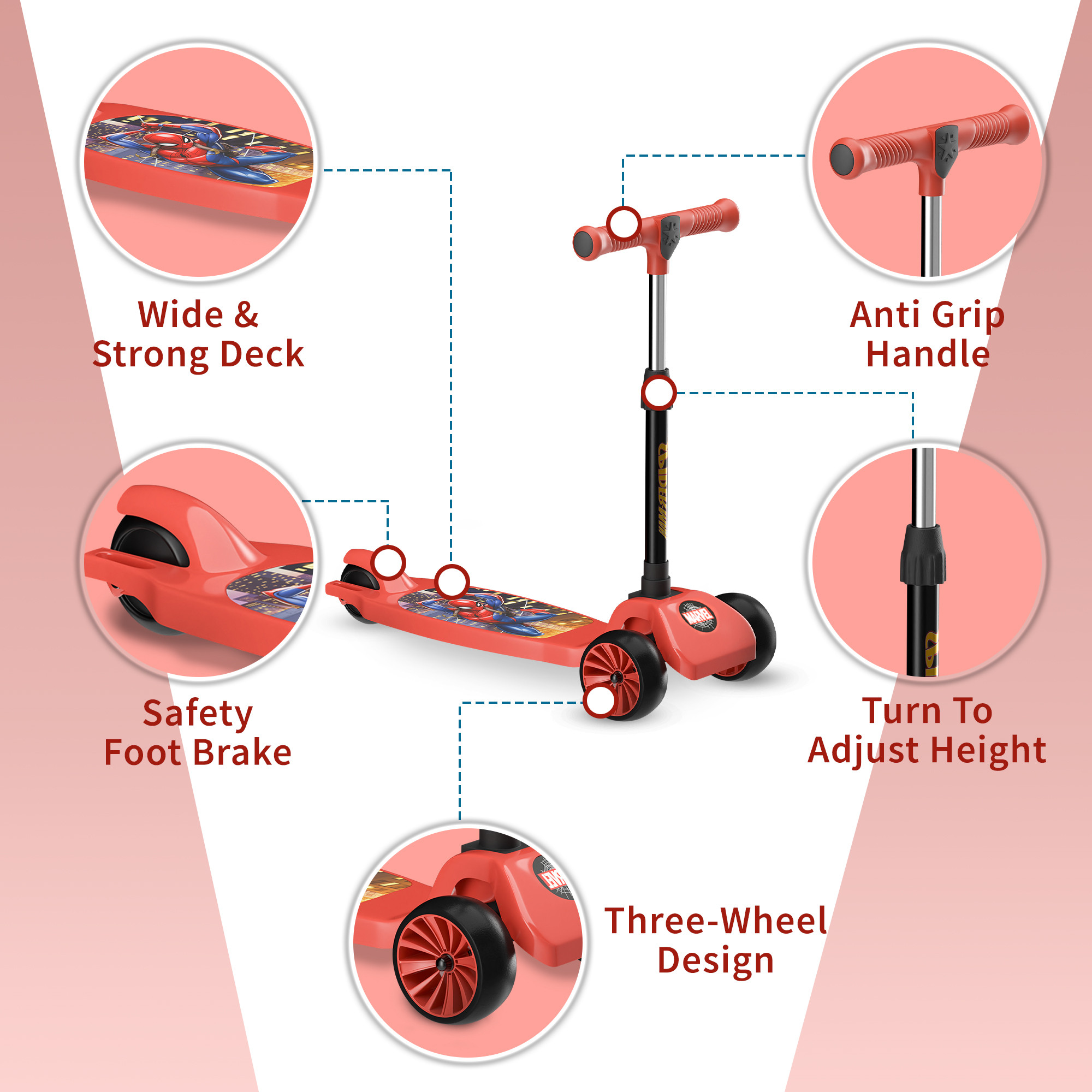 Kuber Industries Marvel Spiderman Plastic Foldable 3-Wheel Kids Scooter for 3 Years Boys and Girls  Weight Capacity Upto 45 Kgs  4-Level Adjustable Height Kick and Skating Scooter  Red