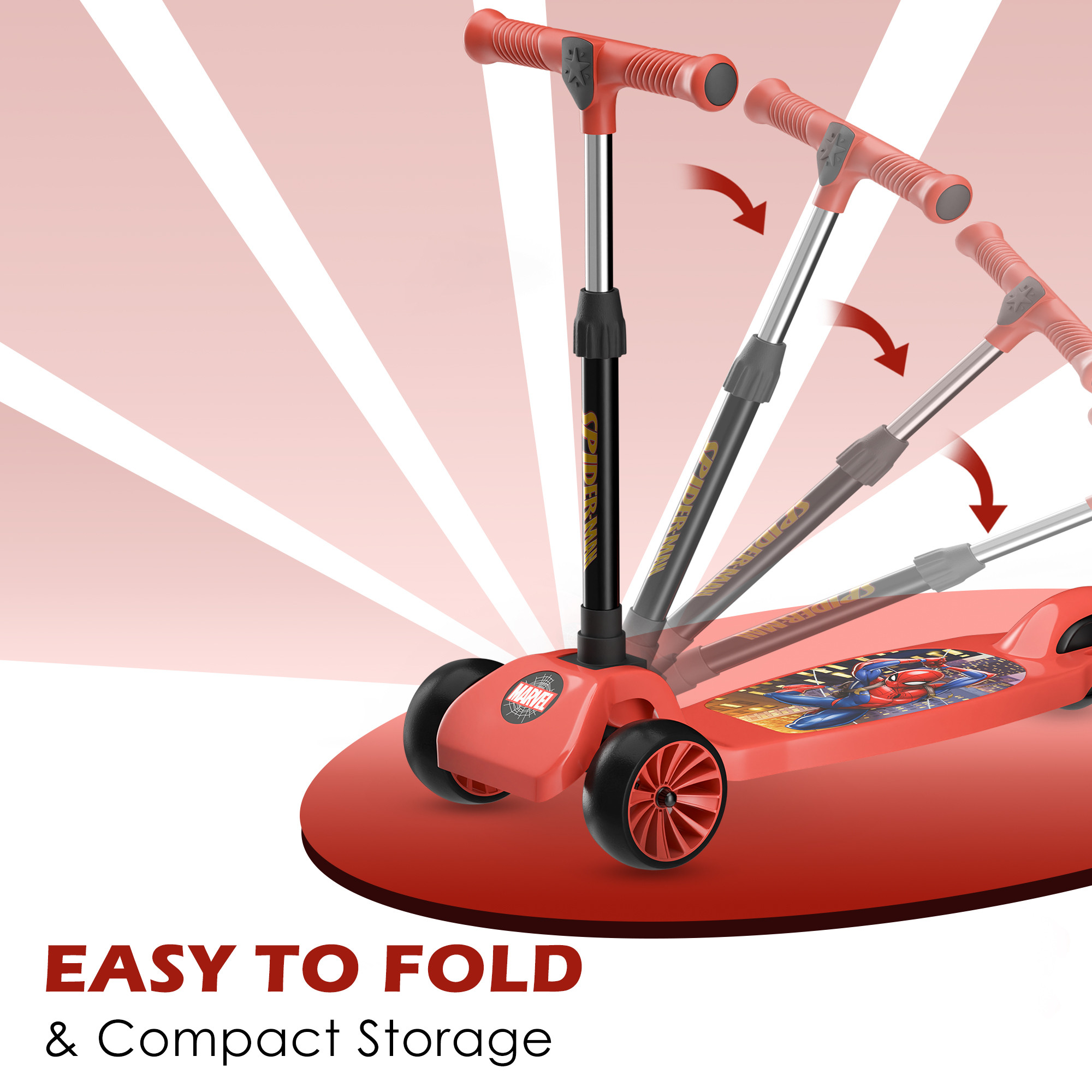 Kuber Industries Marvel Spiderman Plastic Foldable 3-Wheel Kids Scooter for 3 Years Boys and Girls  Weight Capacity Upto 45 Kgs  4-Level Adjustable Height Kick and Skating Scooter  Red