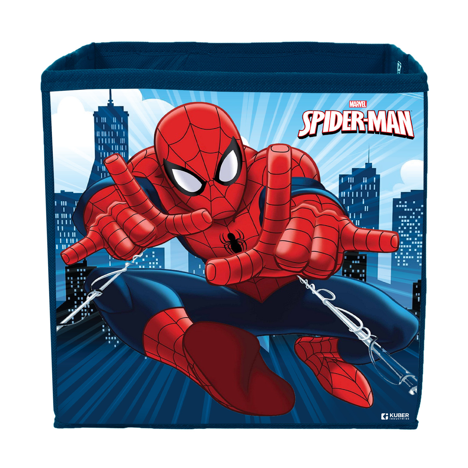 Kuber Industries Marvel Spiderman Print Durable & Collapsible Square Storage Box|Clothes Organizer With Handle,.(Navy Blue)