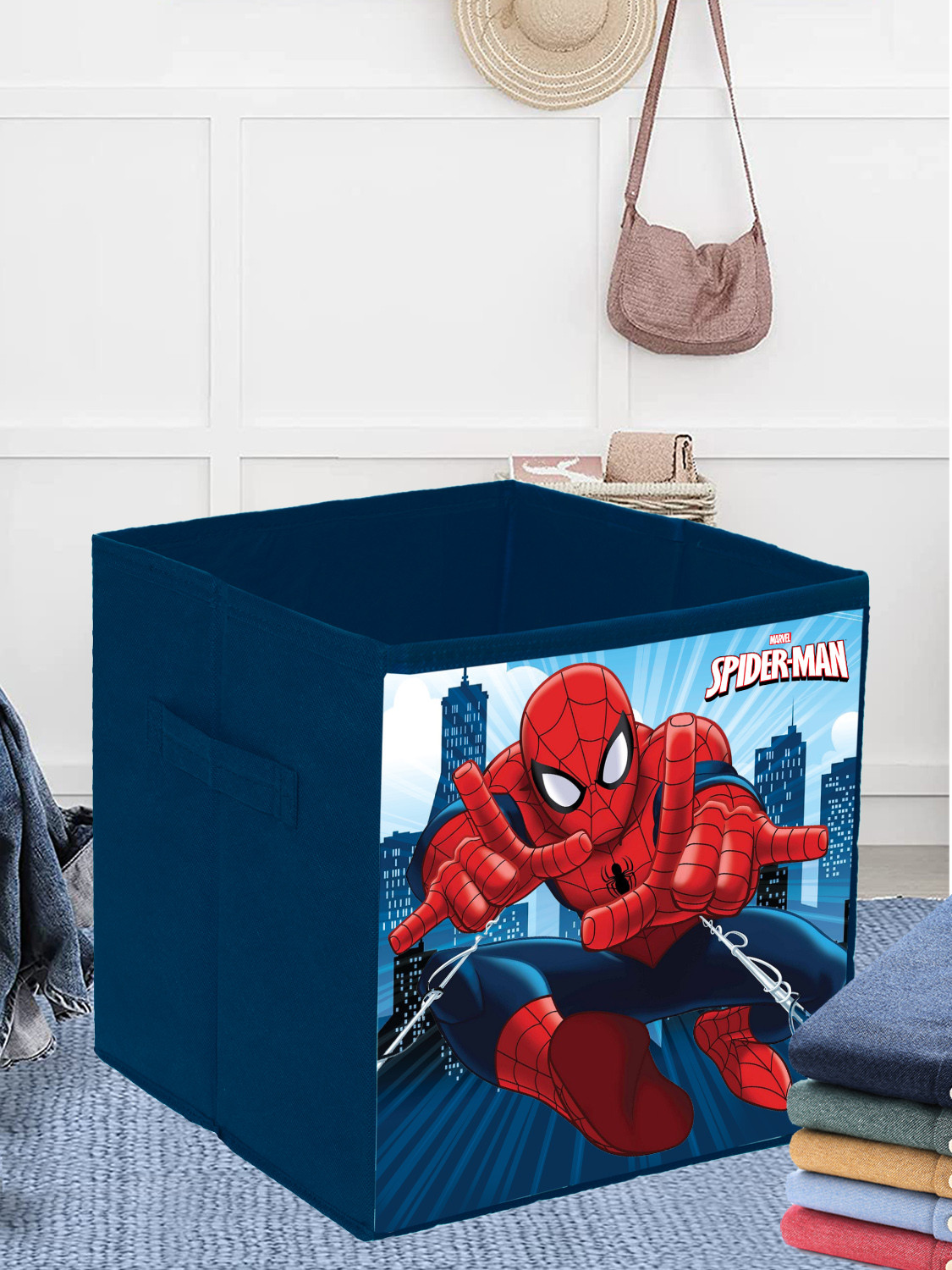 Kuber Industries Marvel Spiderman Print Durable & Collapsible Square Storage Box|Clothes Organizer With Handle,.(Navy Blue)