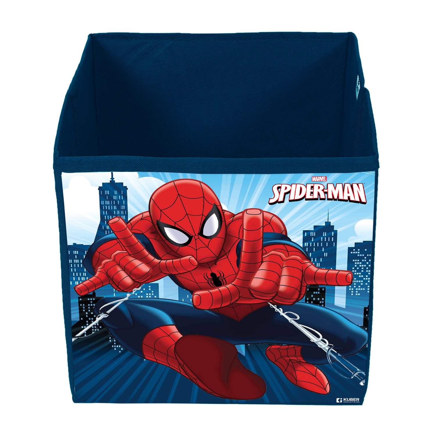 Kuber Industries Marvel Spiderman Print Durable & Collapsible Square Storage Box|Clothes Organizer With Handle,.(Navy Blue)