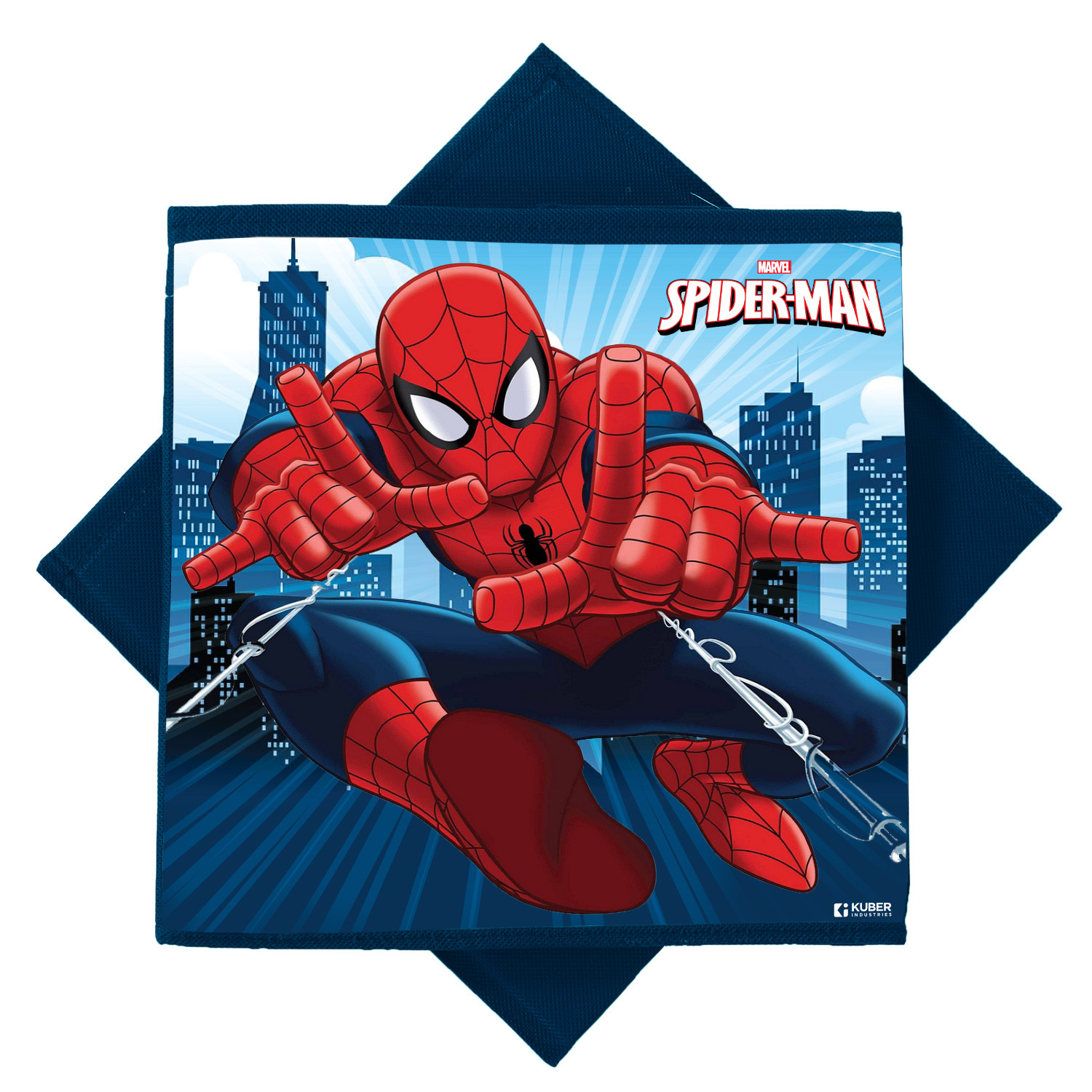 Kuber Industries Marvel Spiderman Print Durable & Collapsible Square Storage Box|Clothes Organizer With Handle,.(Navy Blue)