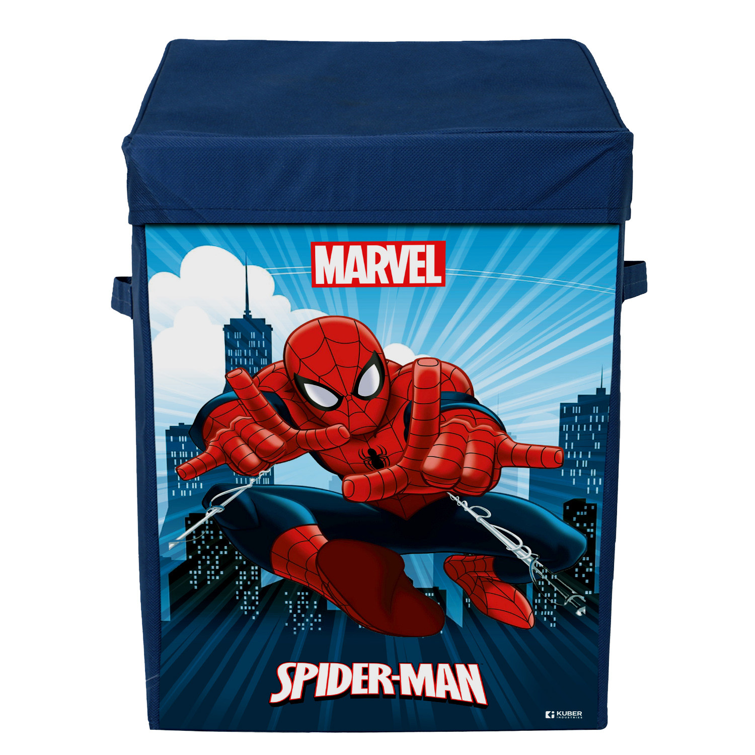 Kuber Industries Marvel Spiderman Print Foldable Laundry Basket|Clothes Storage Basket With Handle & Lid,60 Ltr.(Navy Blue)