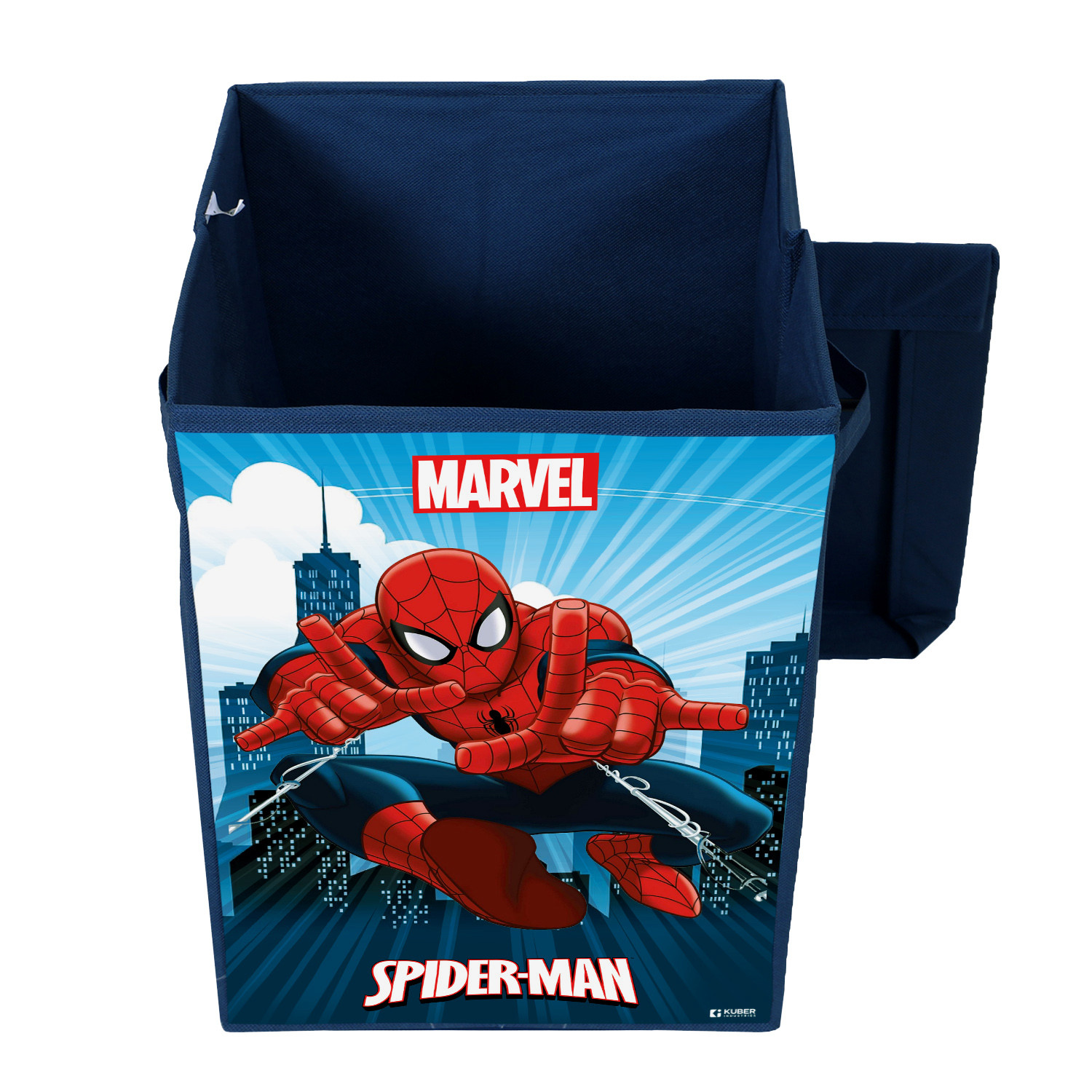 Kuber Industries Marvel Spiderman Print Foldable Laundry Basket|Clothes Storage Basket With Handle & Lid,60 Ltr.(Navy Blue)