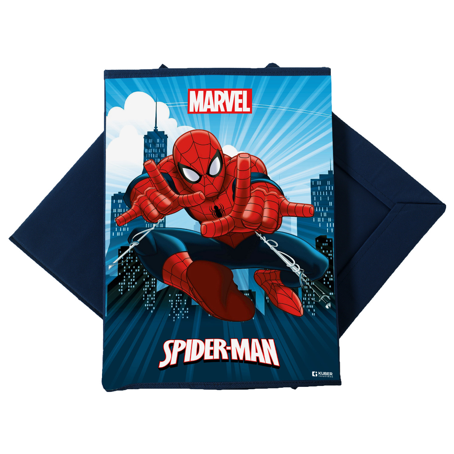 Kuber Industries Marvel Spiderman Print Foldable Laundry Basket|Clothes Storage Basket With Handle & Lid,60 Ltr.(Navy Blue)