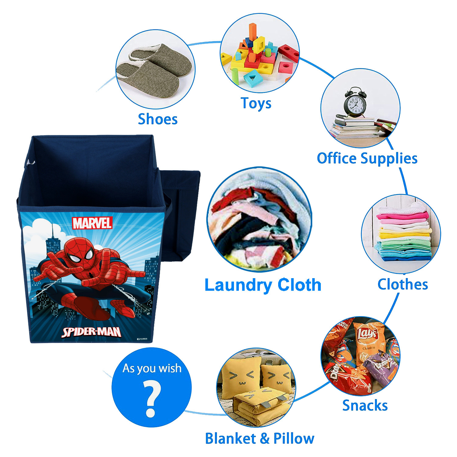 Kuber Industries Marvel Spiderman Print Foldable Laundry Basket|Clothes Storage Basket With Handle & Lid,60 Ltr.(Navy Blue)