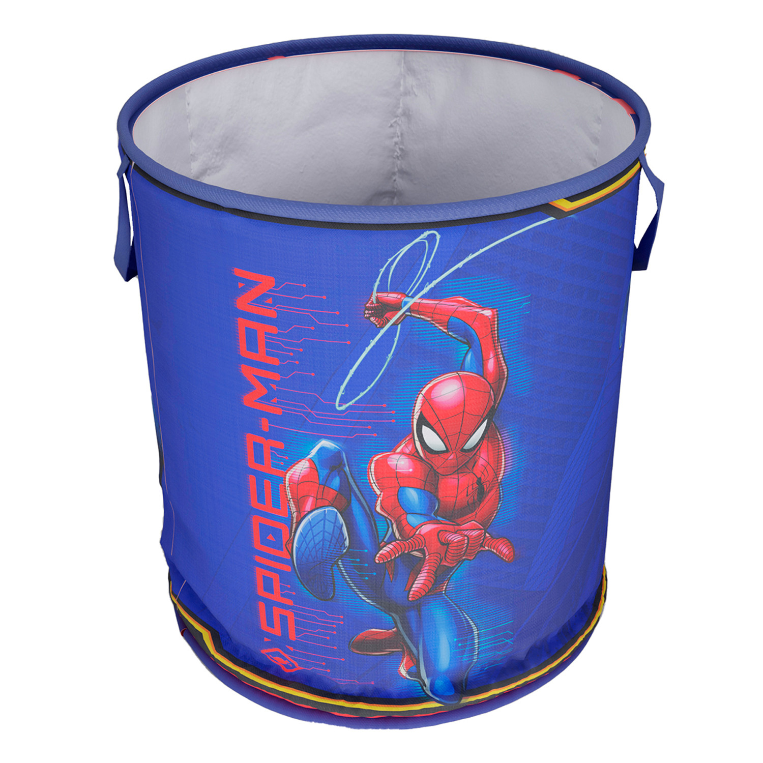 Kuber Industries Marvel Spiderman Print Round Laundry Basket|Polyester Clothes Hamper|Waterproof & Foldable Round Laundry Bag with Handle,45 Ltr.(Navy Blue)