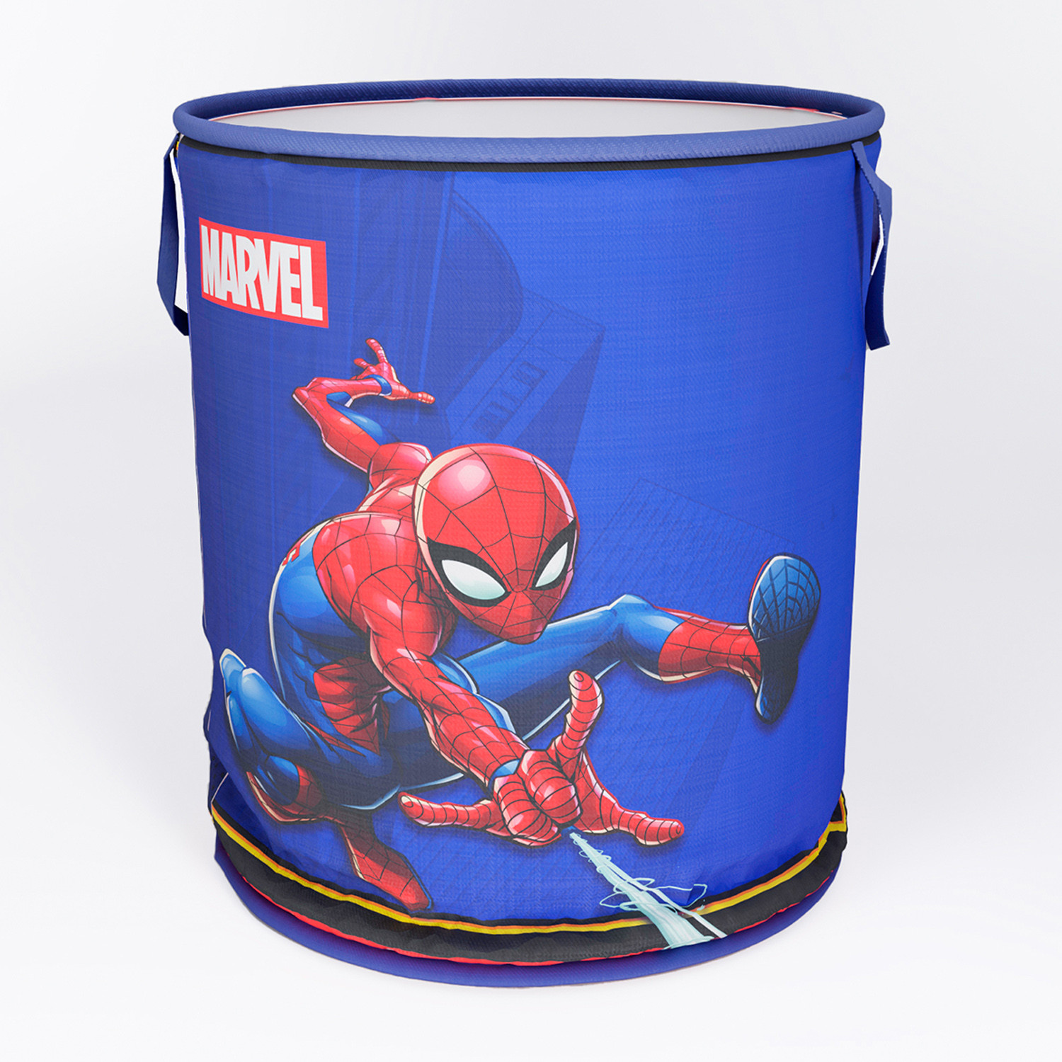 Kuber Industries Marvel Spiderman Print Round Laundry Basket|Polyester Clothes Hamper|Waterproof & Foldable Round Laundry Bag with Handle,45 Ltr.(Navy Blue)
