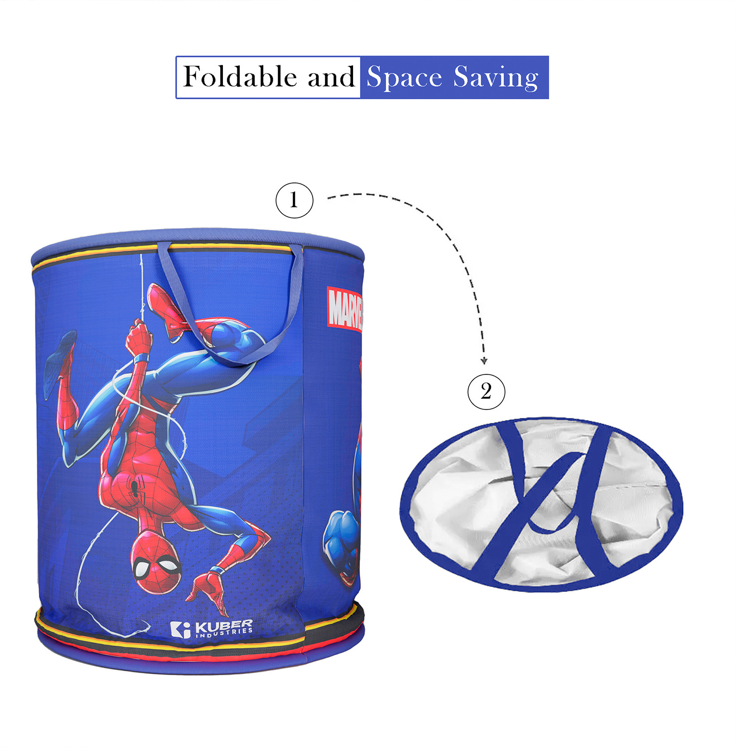 Kuber Industries Marvel Spiderman Print Round Laundry Basket|Polyester Clothes Hamper|Waterproof & Foldable Round Laundry Bag with Handle,45 Ltr.(Navy Blue)